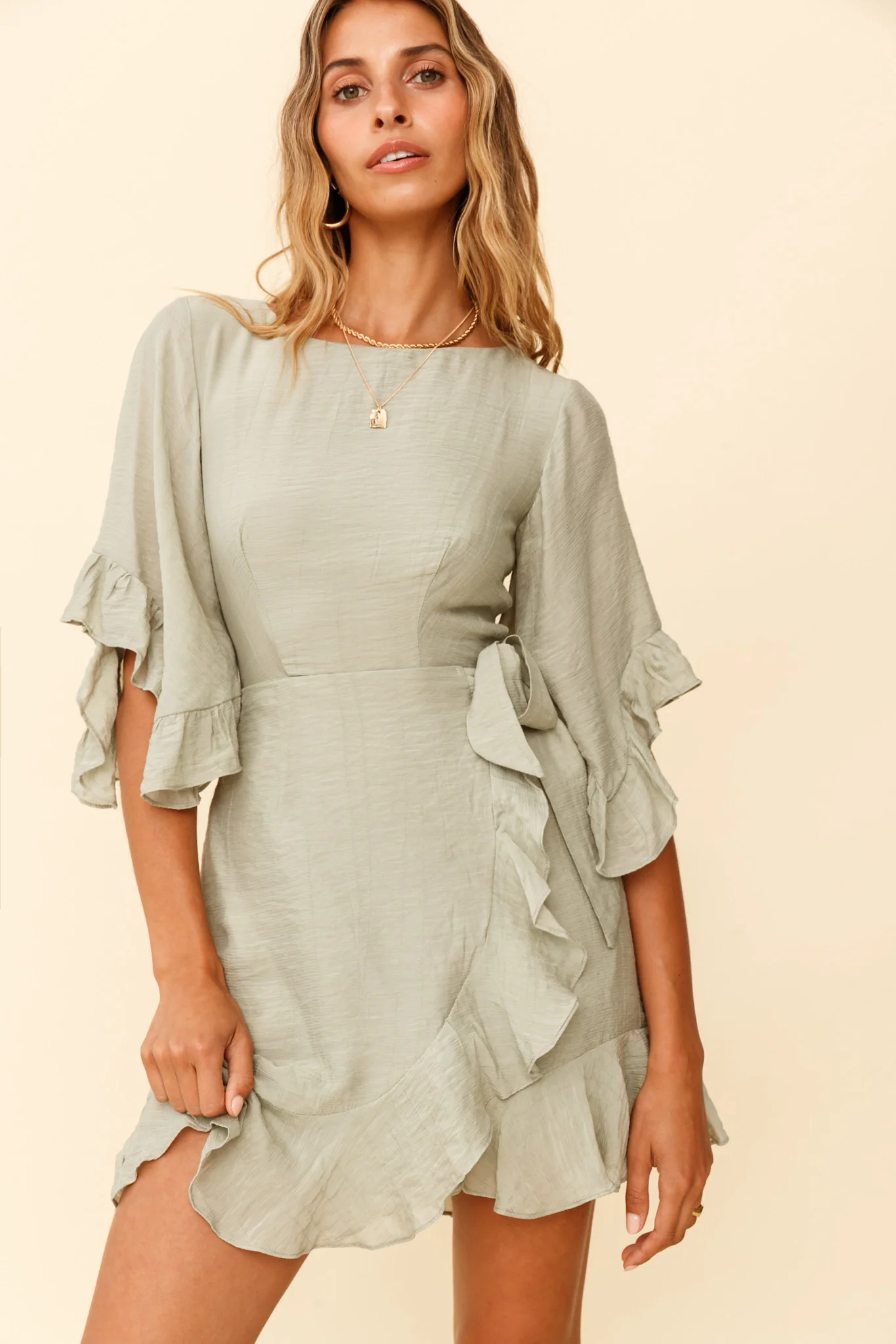 Make It Happen Flared Sleeve Ruffle Trim Dress Pistachio