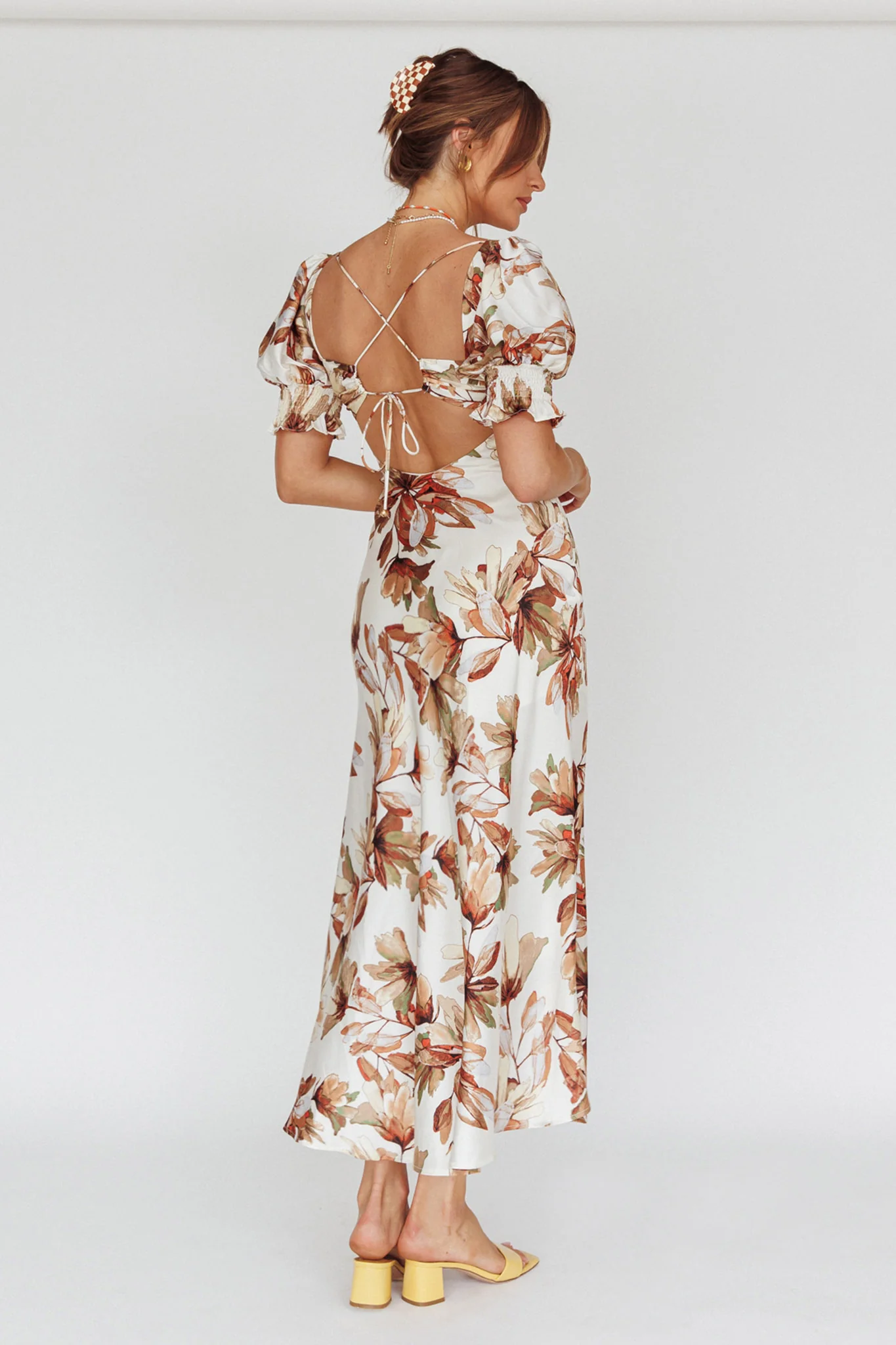 Brigita Tied Back Midi Dress Floral Brown