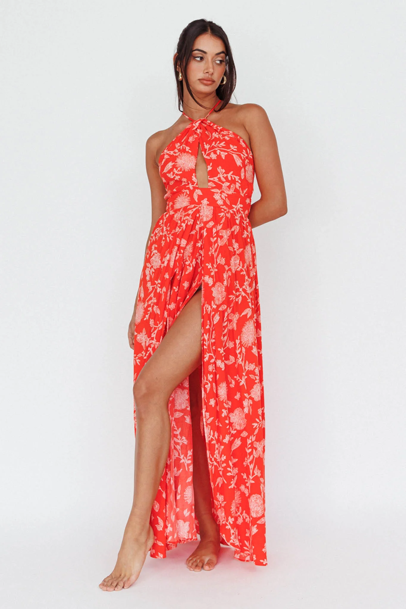 Athena High Split Maxi Dress Floral Print Red