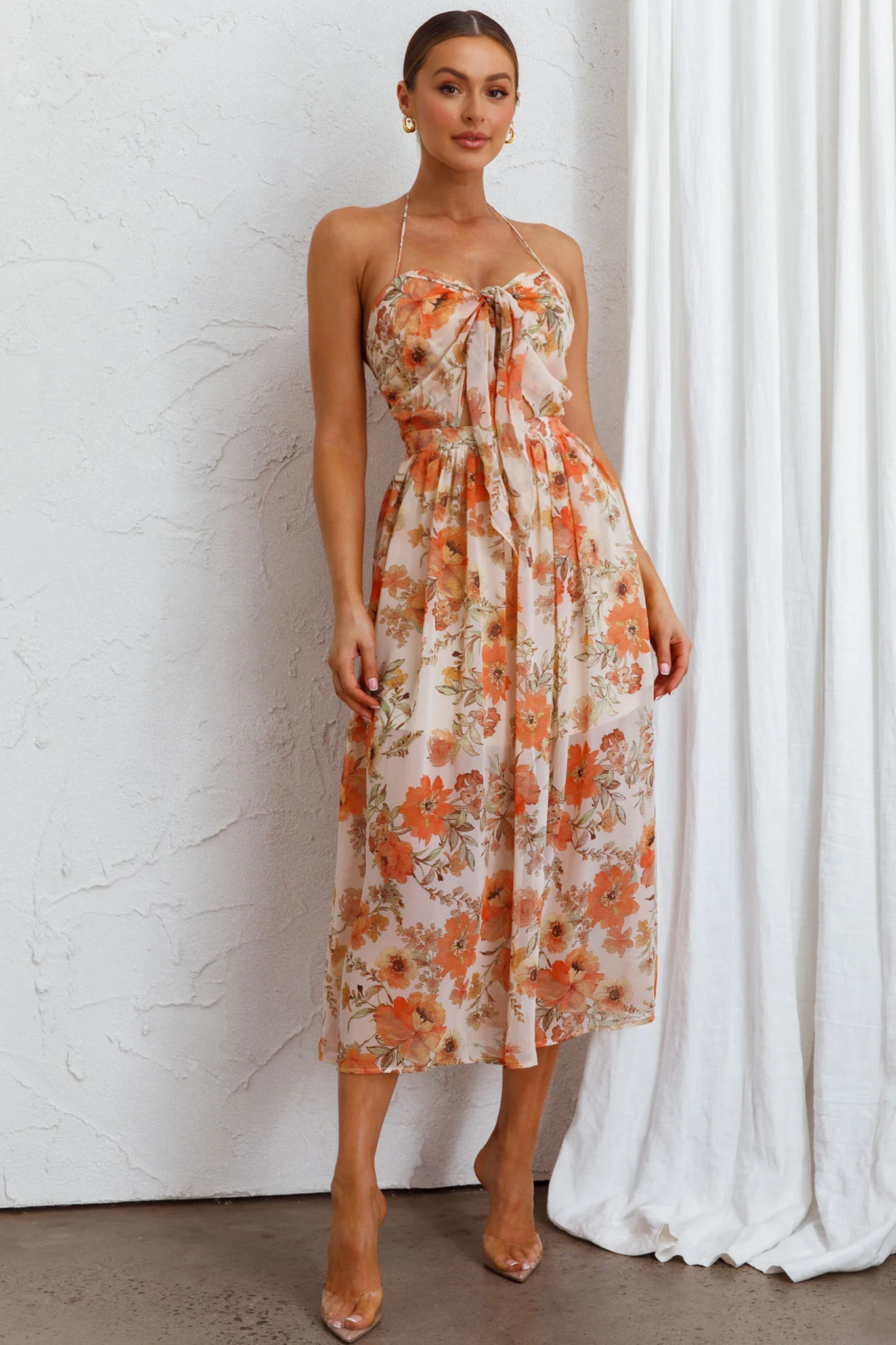 Los Feliz Tied Bust Halterneck Midi Dress Floral Beige