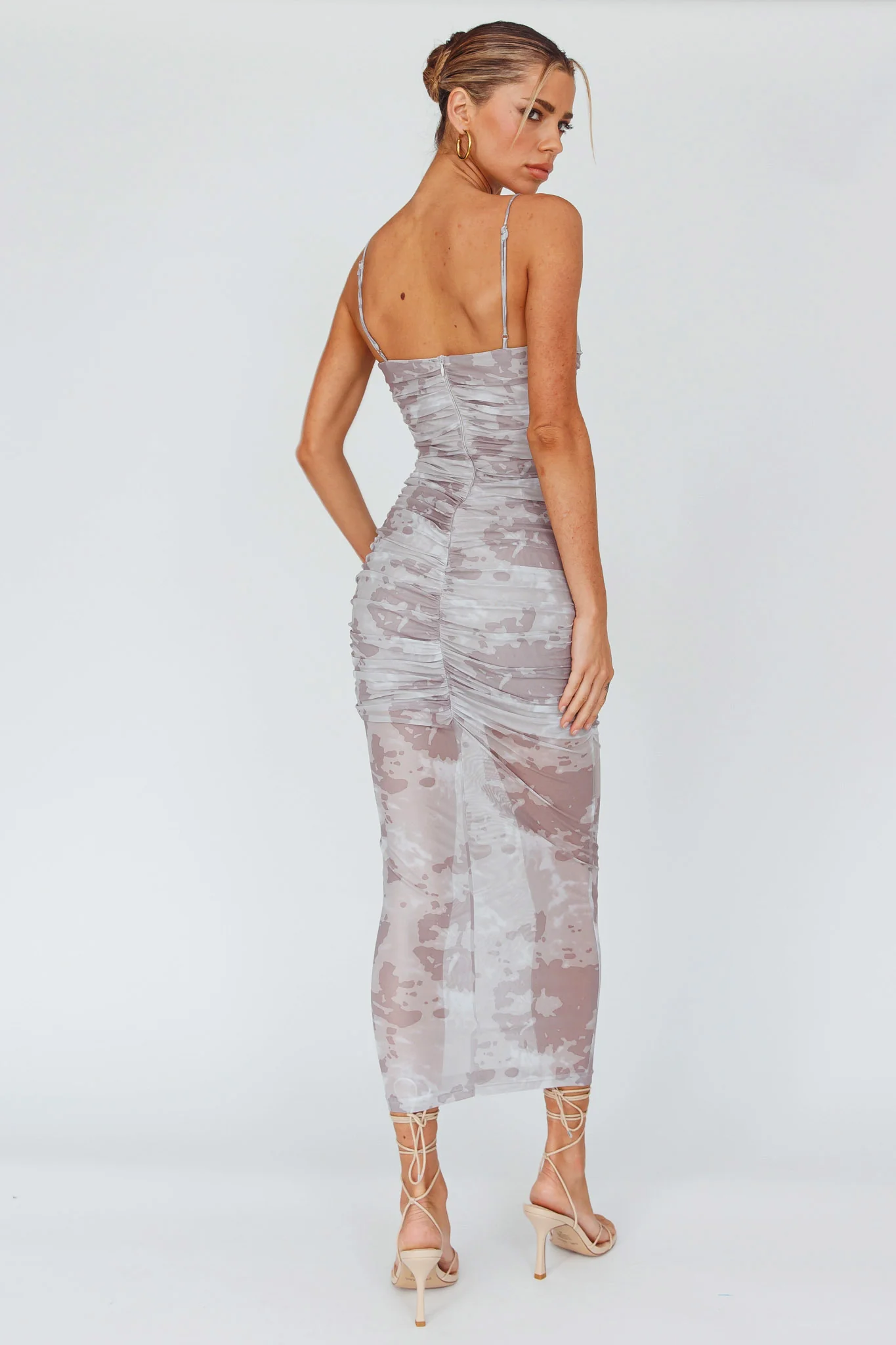 Logan Strapless Ruched Midi Dress Print Sand