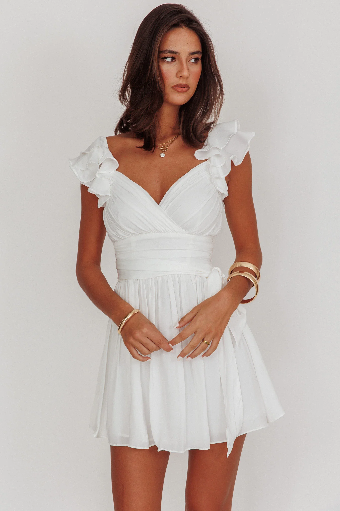Lola Ruffle Shoulder Ruched Dress White