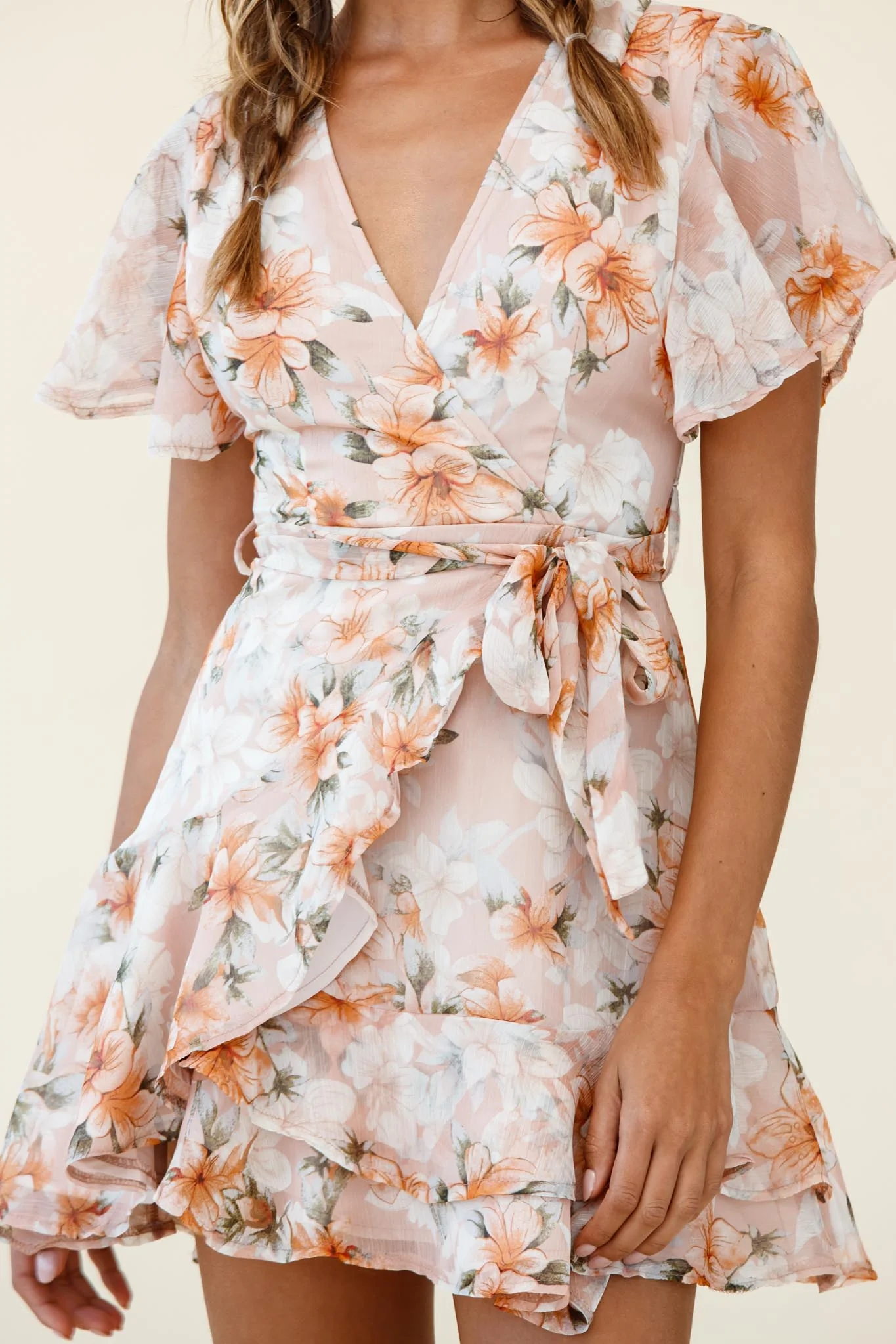 Cami Angel Sleeve Faux Wrap Dress Hibiscus Print Nude