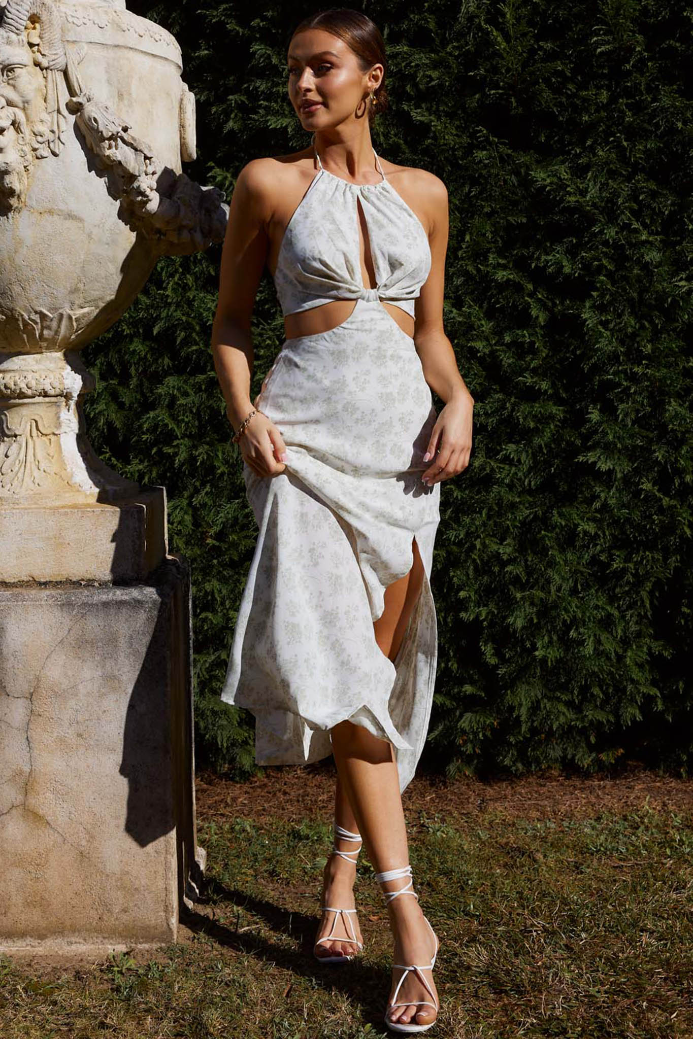 Rising Sun Cut-Out Bodice Dress Floral Print Sage