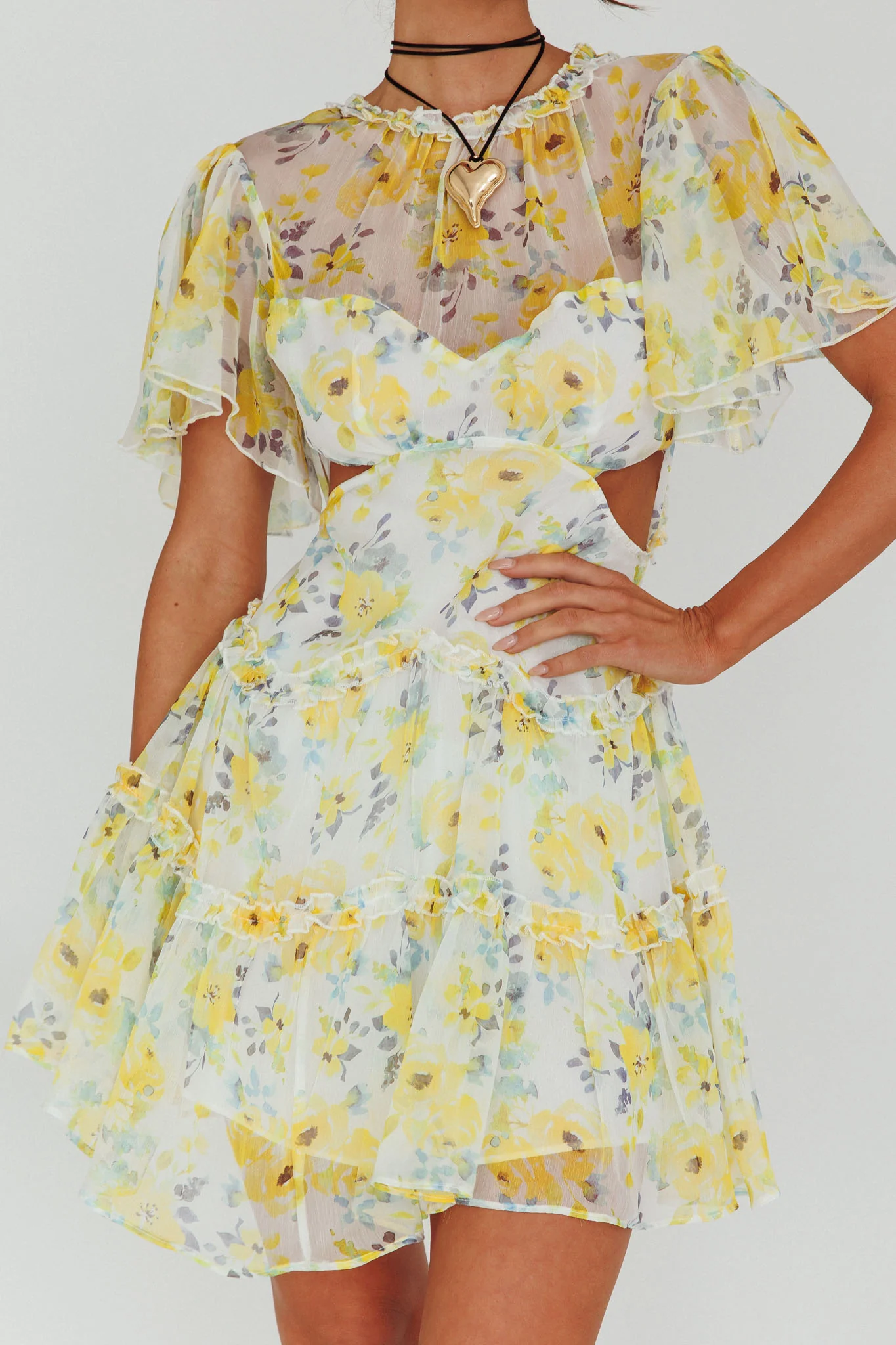Tres Chic Flutter Sleeve Cut-Out Dress Floral Yellow