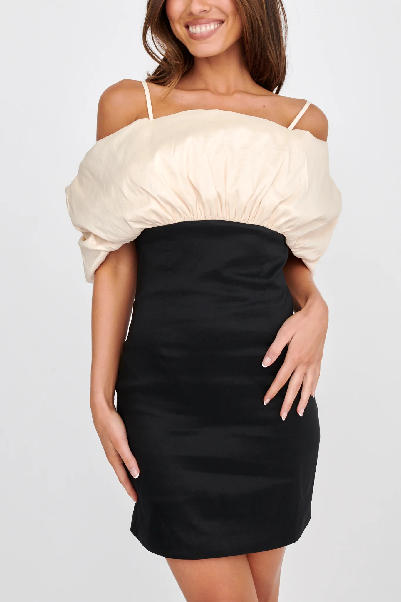 Cosima Puffed Neckline Mini Dress Black/Champagne