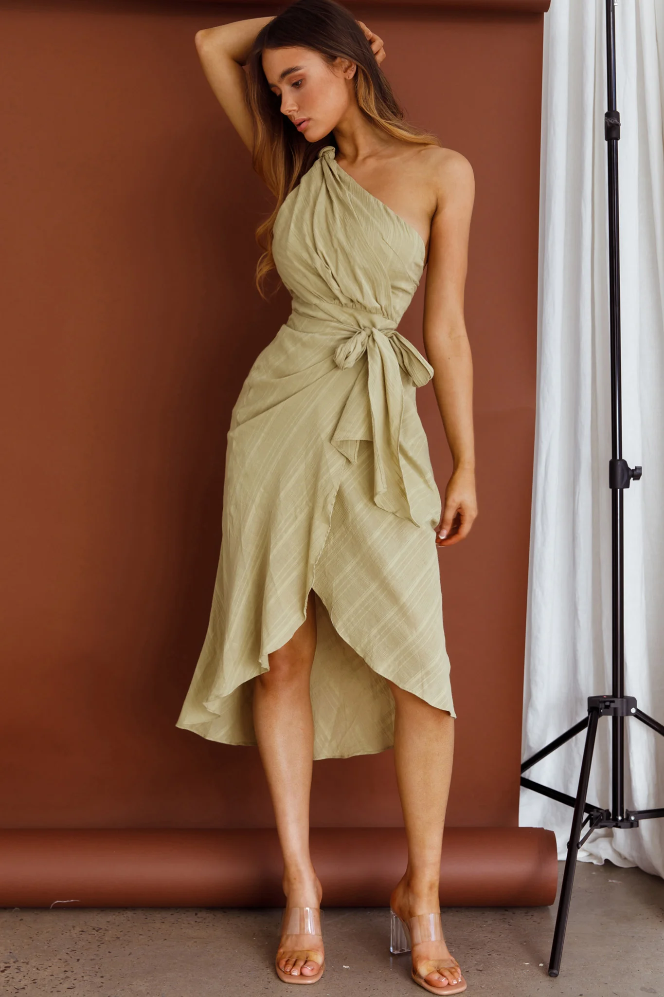 Island Time One-Shoulder Midi Dress Olive
