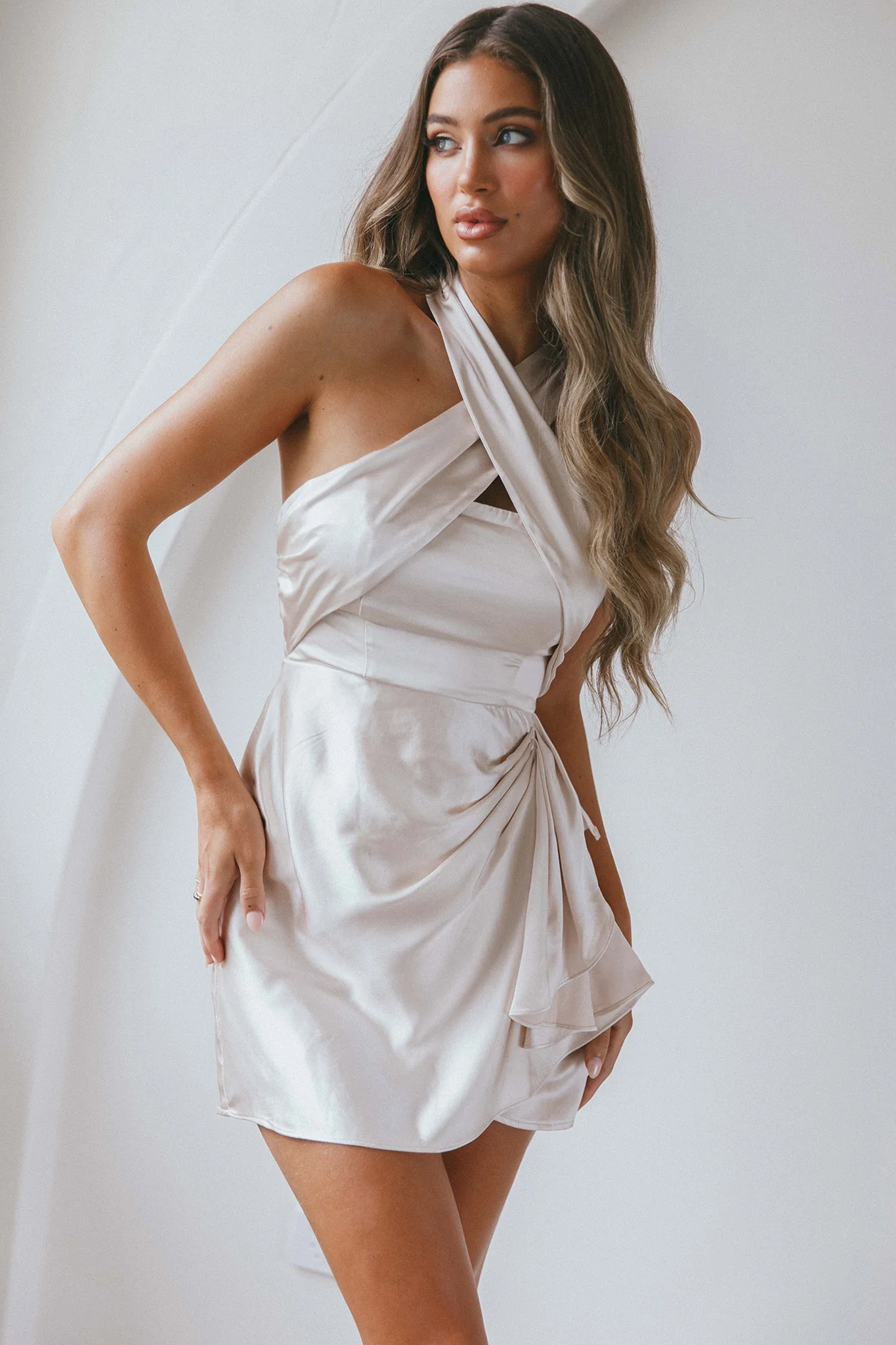 Stars Align Halterneck Satin Dress Champagne