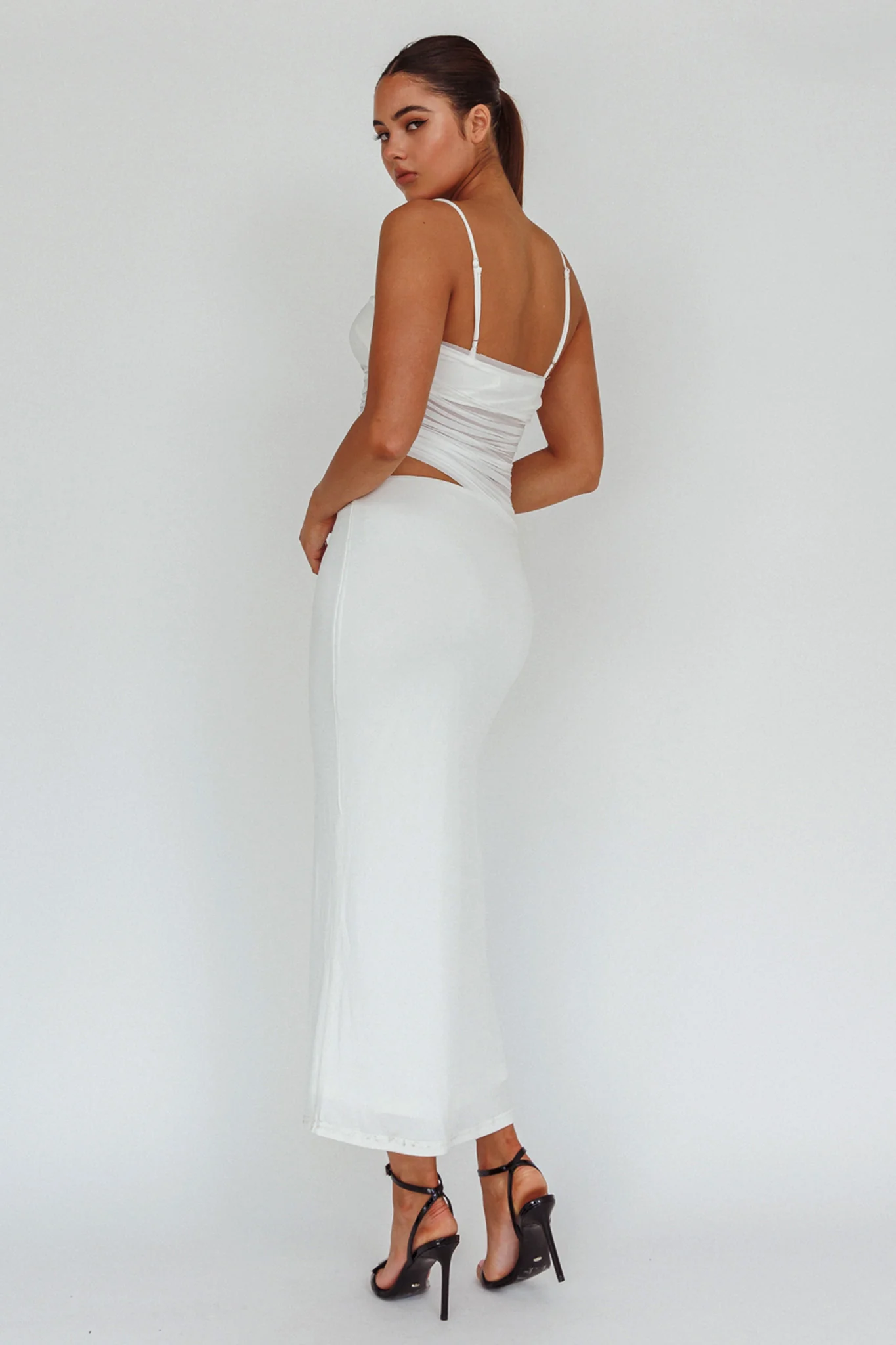 Lorely Ruched Bodice Midi Dress Vanilla