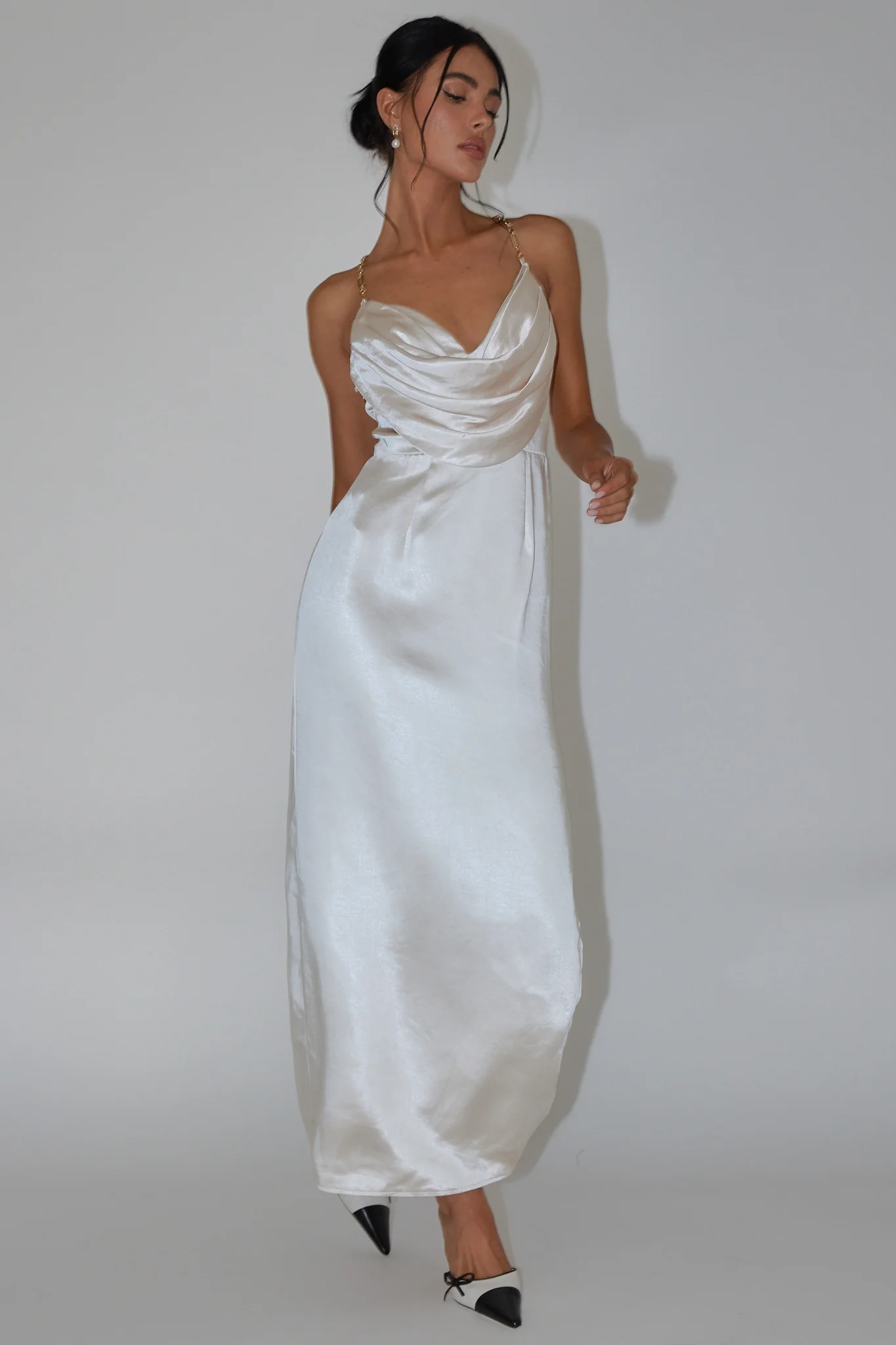 Emanuella Chain Strap Satin Midi Dress Champagne