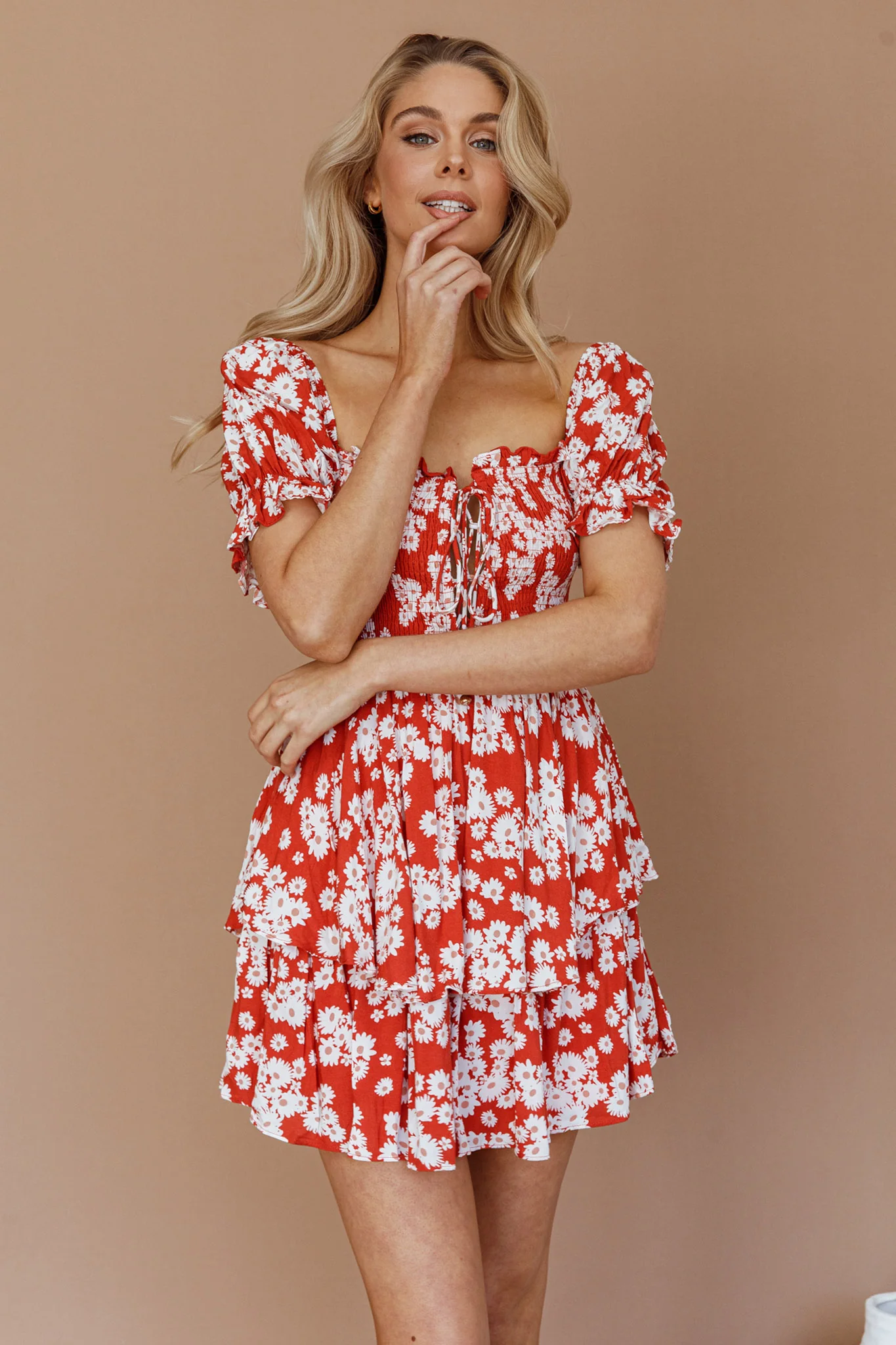 Buongiorno Bella Shirred Lace Up Mini Dress Floral Red