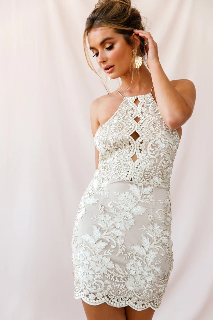 Havilah Halterneck Embroidery Dress Gold