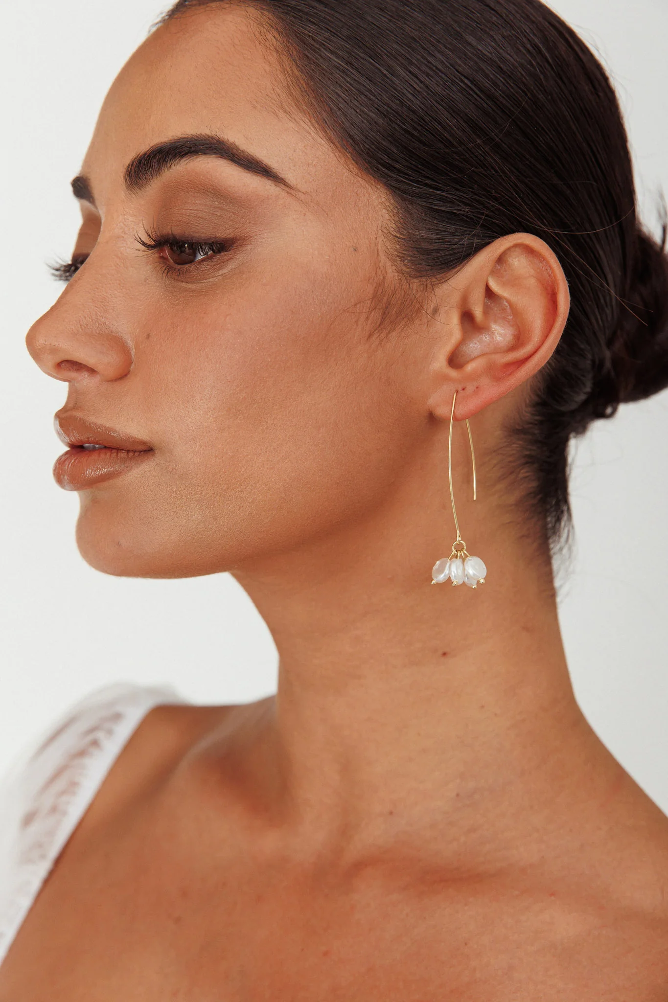 Sarah Pearl Accent Long Hook Earrings Gold