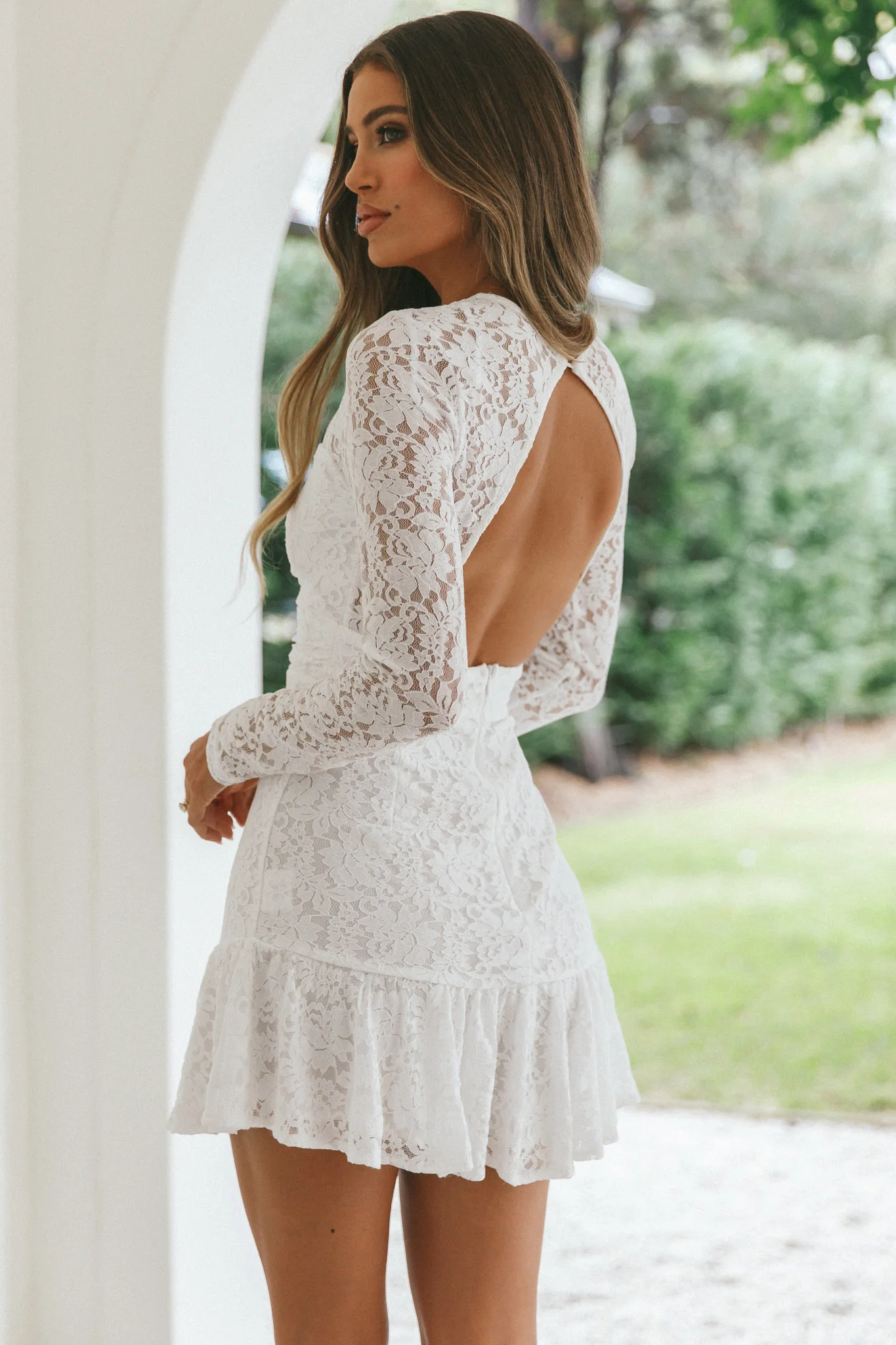Hearts Aflutter Long Sleeve Open Back Lace Mini Dress White