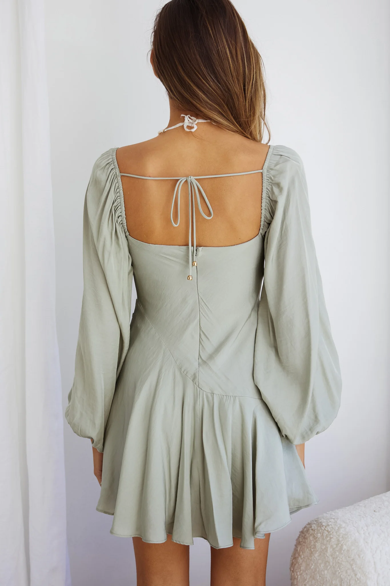 Beaujolais Long Sleeve Cowl Neckline Ruffle Satin Mini Dress Pistachio