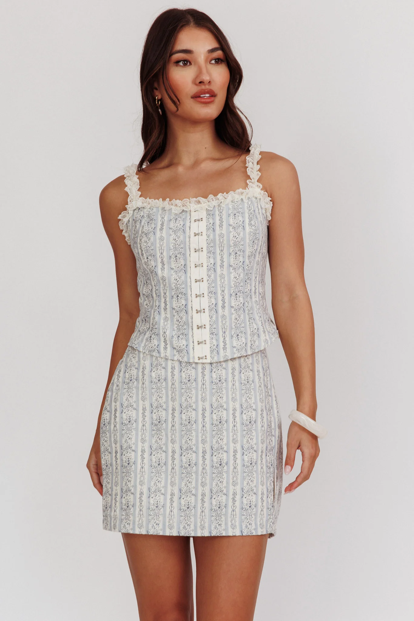 Palmas Hook & Eye Lace Trim Top Floral Blue