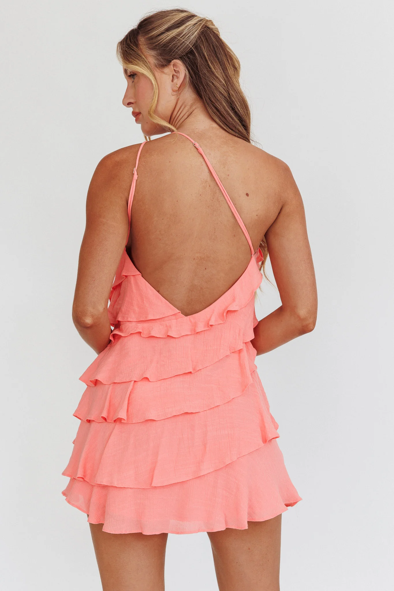 Arrabel Tiered Ruffle Mini Dress Peach