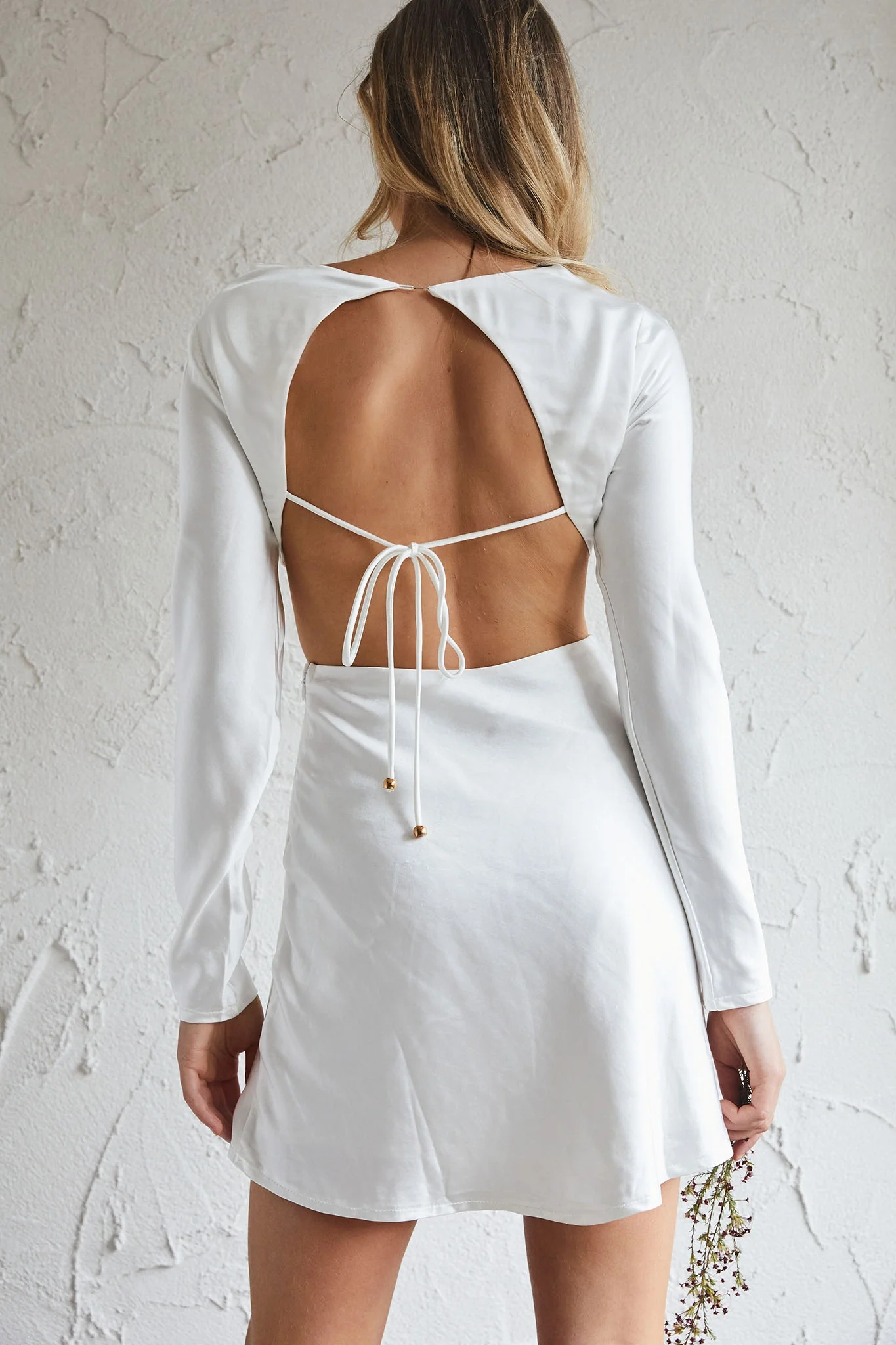 Northern Lights Long Sleeve Open Back Satin Mini Dress Ivory