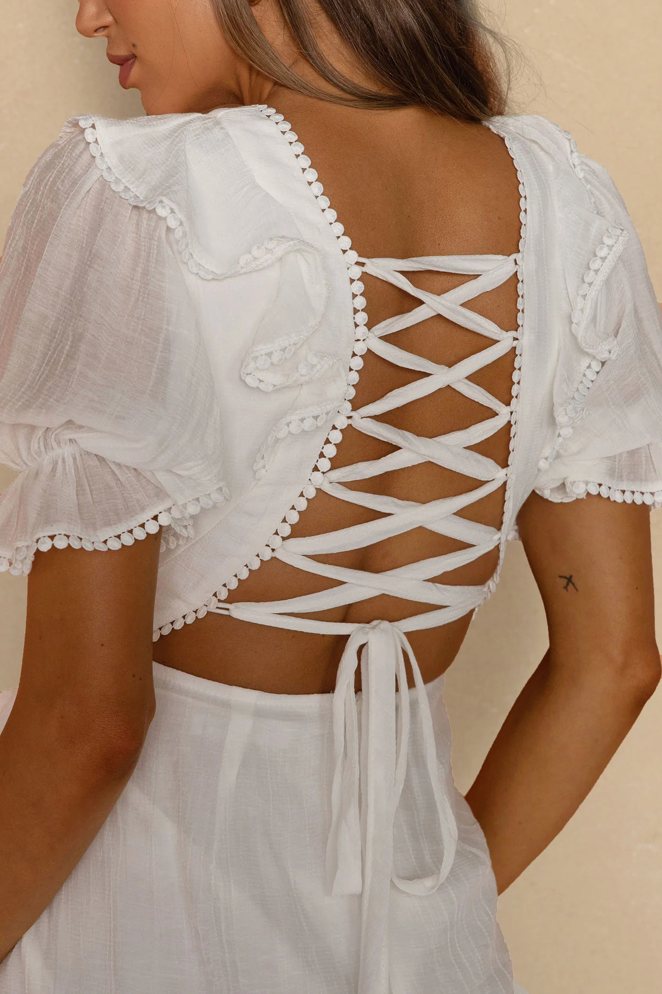 Charade Puff Sleeve Wrap Skirt Corset Back Dress White