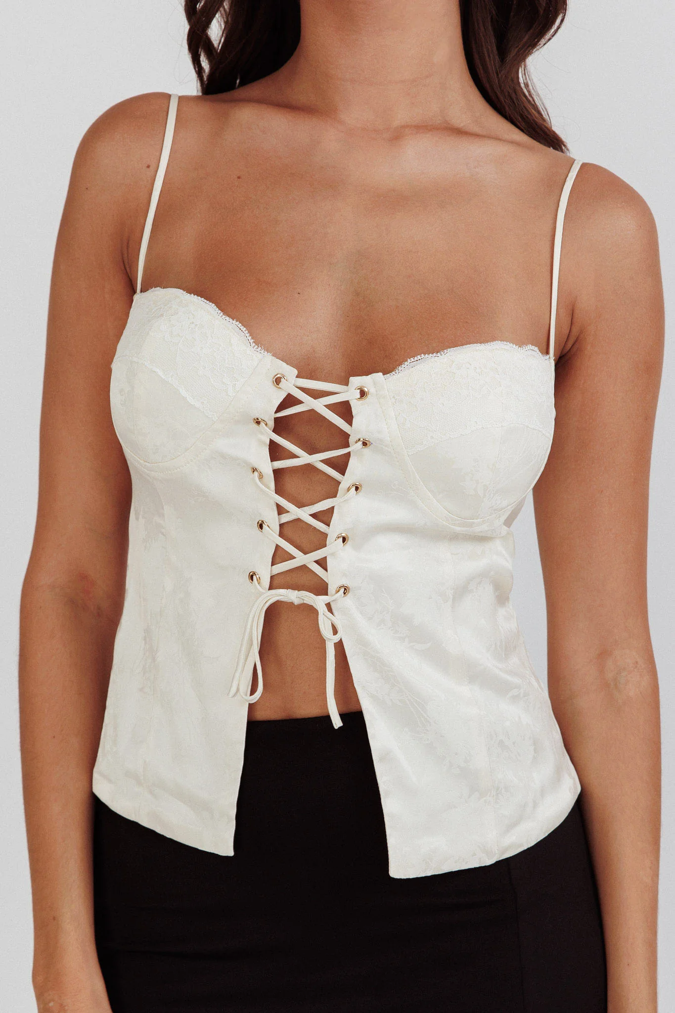 Justina Lace-Up Front Top Ivory
