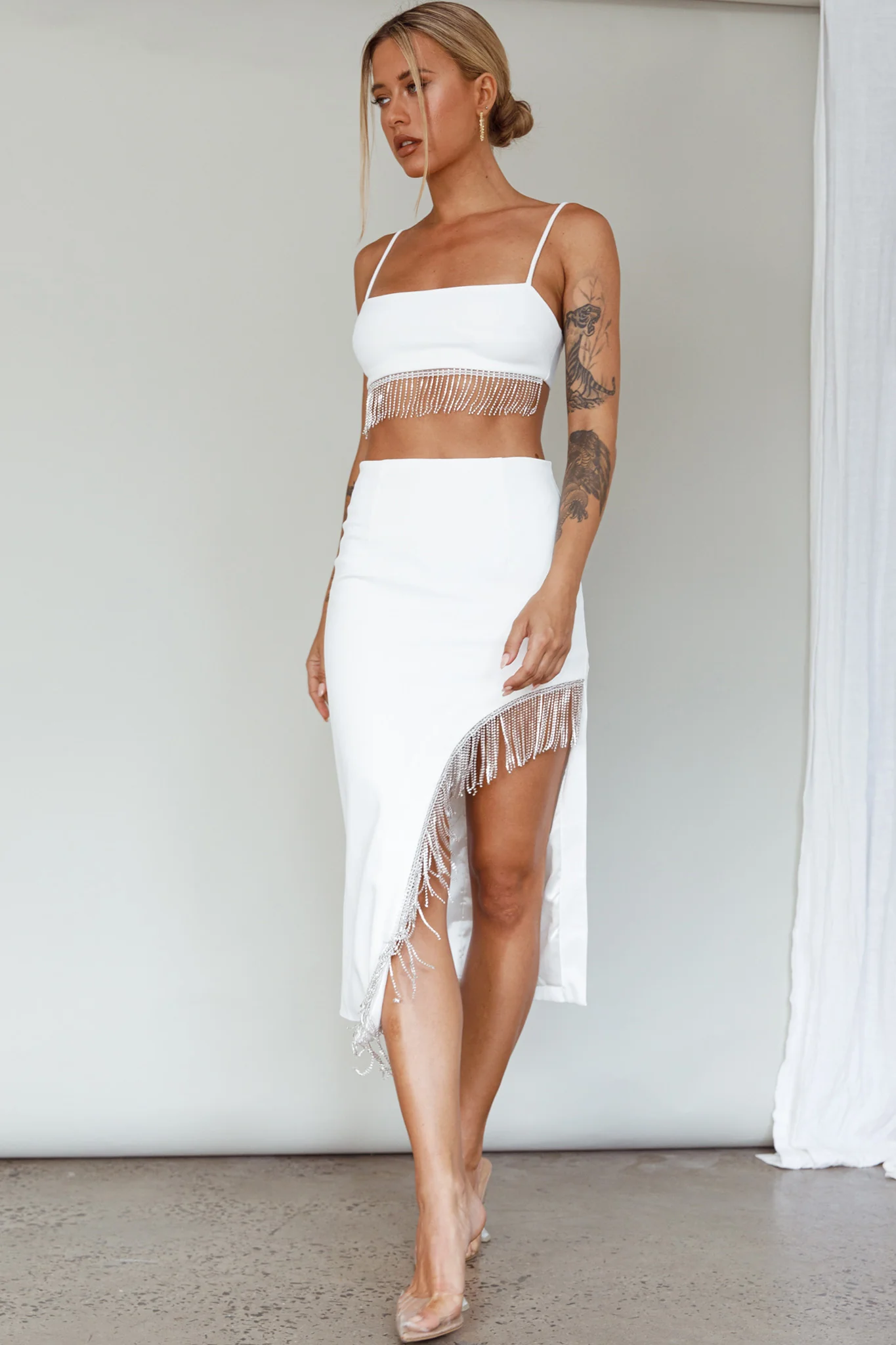 Call On Me Diamante Fringe Top White