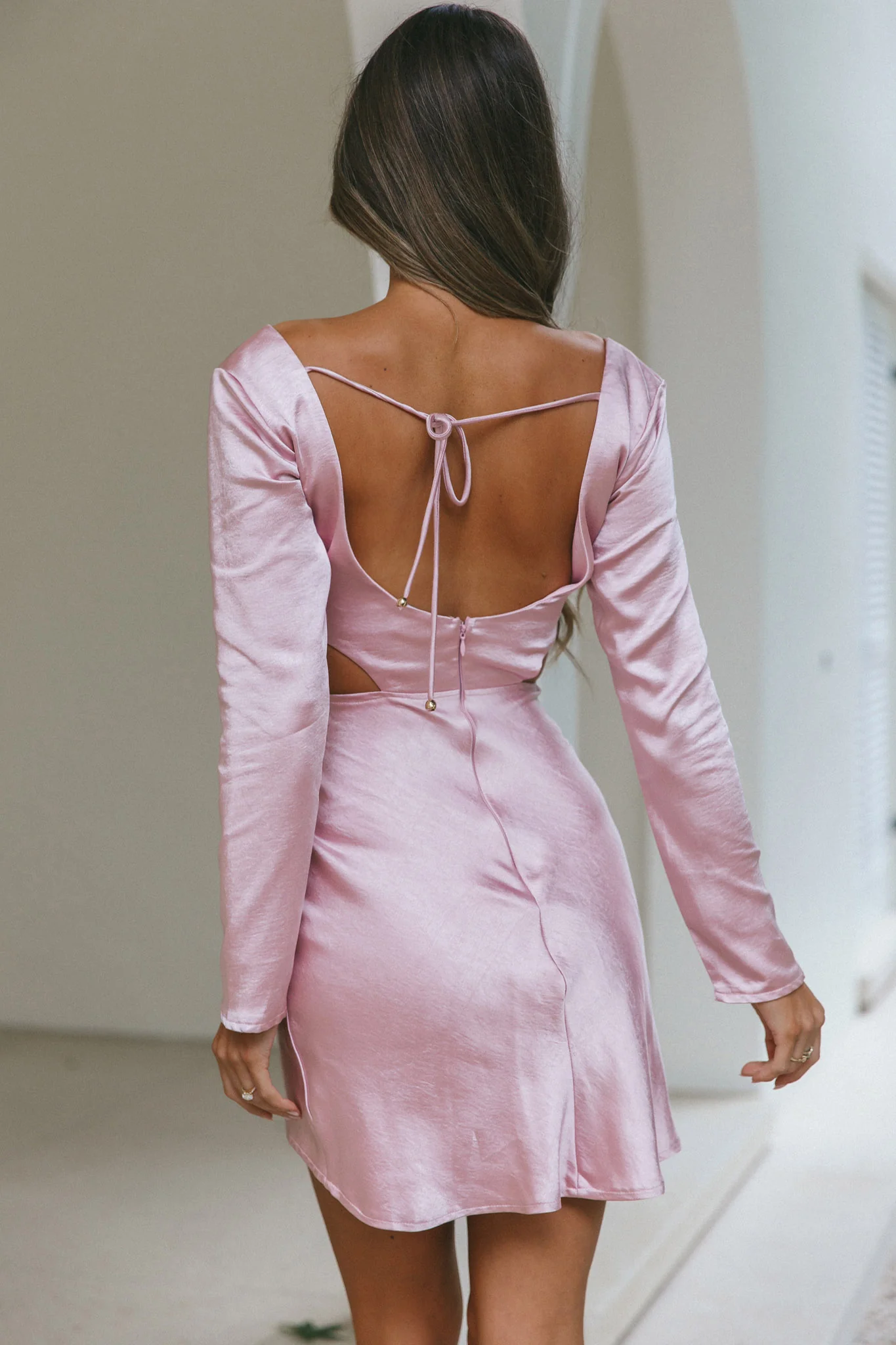 Shaken Not Stirred Cut-Out Waist Long Sleeve Pleat Mini Dress Blush