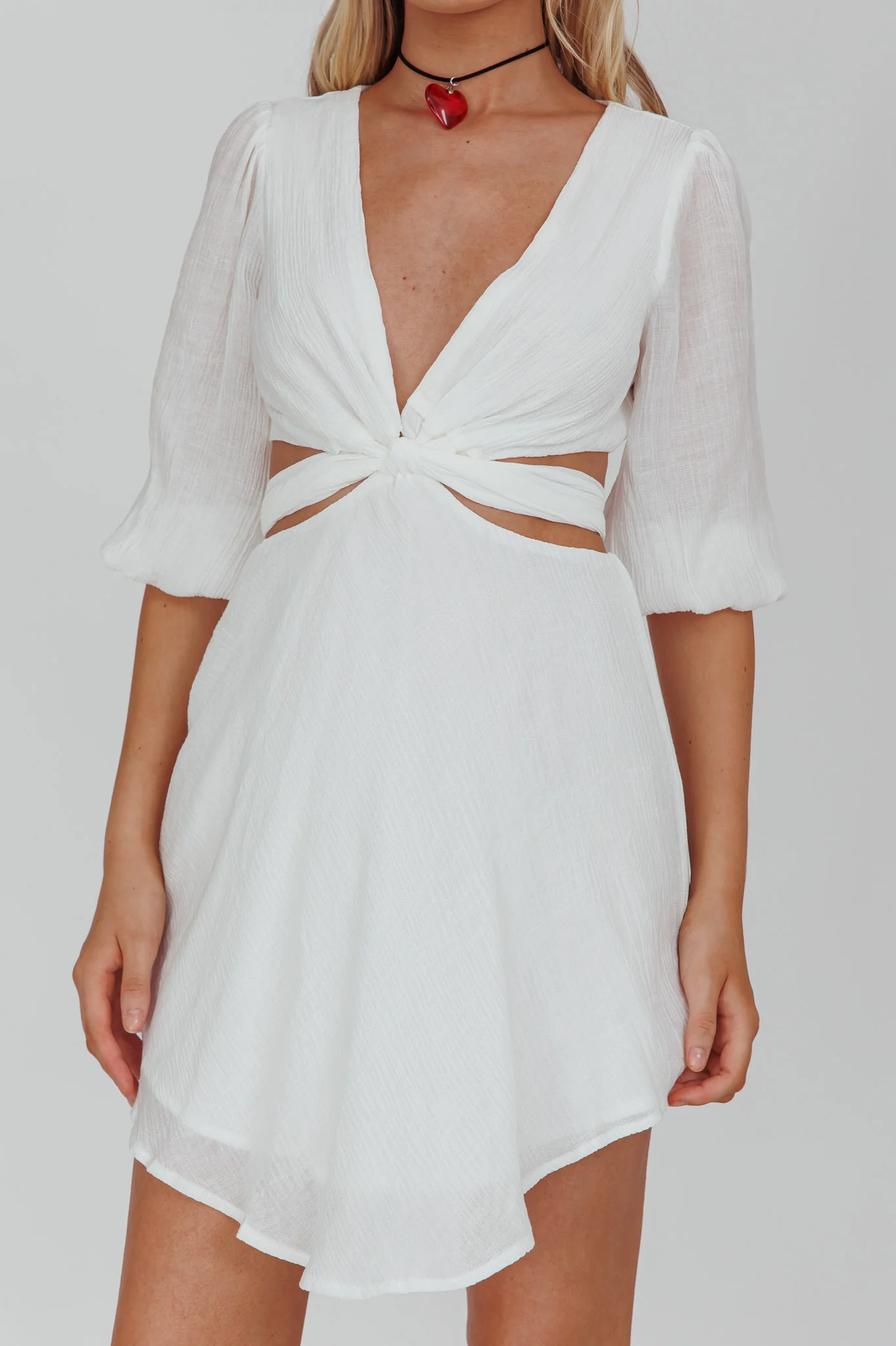 Sunshine Sweetie Cut-Out Waist Tie Feature Mini Dress White