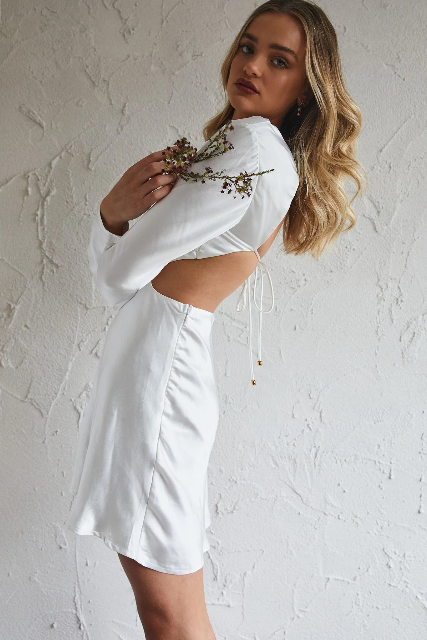 Northern Lights Long Sleeve Open Back Satin Mini Dress Ivory