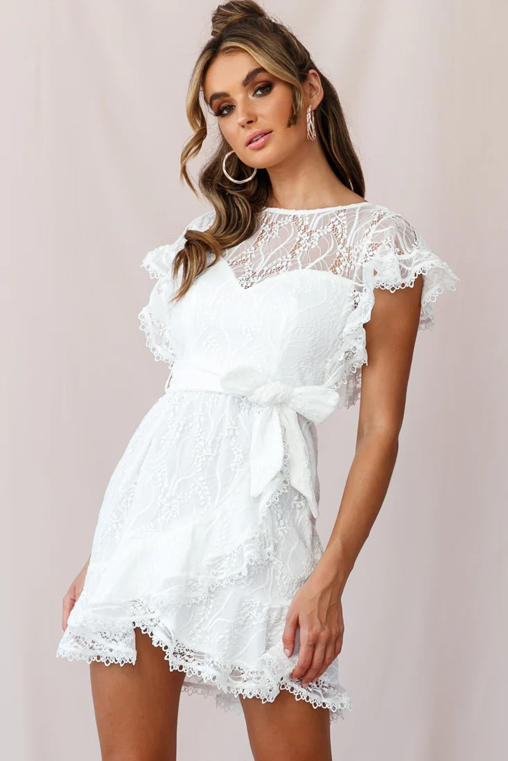 Taya Ruffle Shoulder Waist Tie Dress White Lace