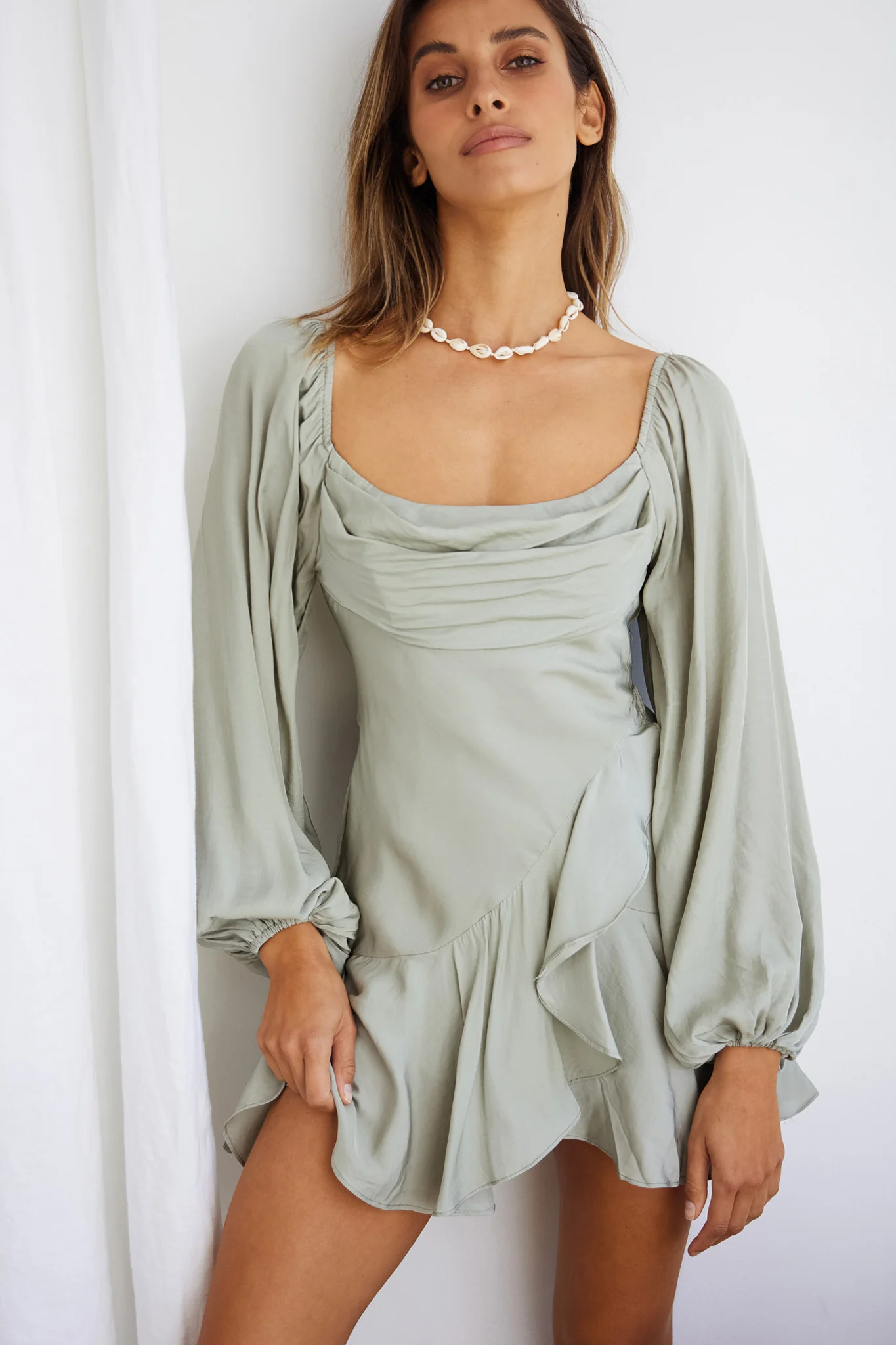 Beaujolais Long Sleeve Cowl Neckline Ruffle Satin Mini Dress Pistachio