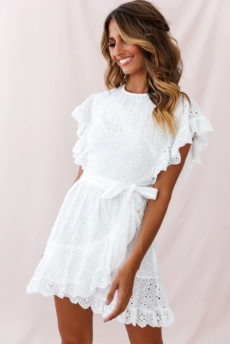 Lena Frill Detail Broderie Anglaise Dress White