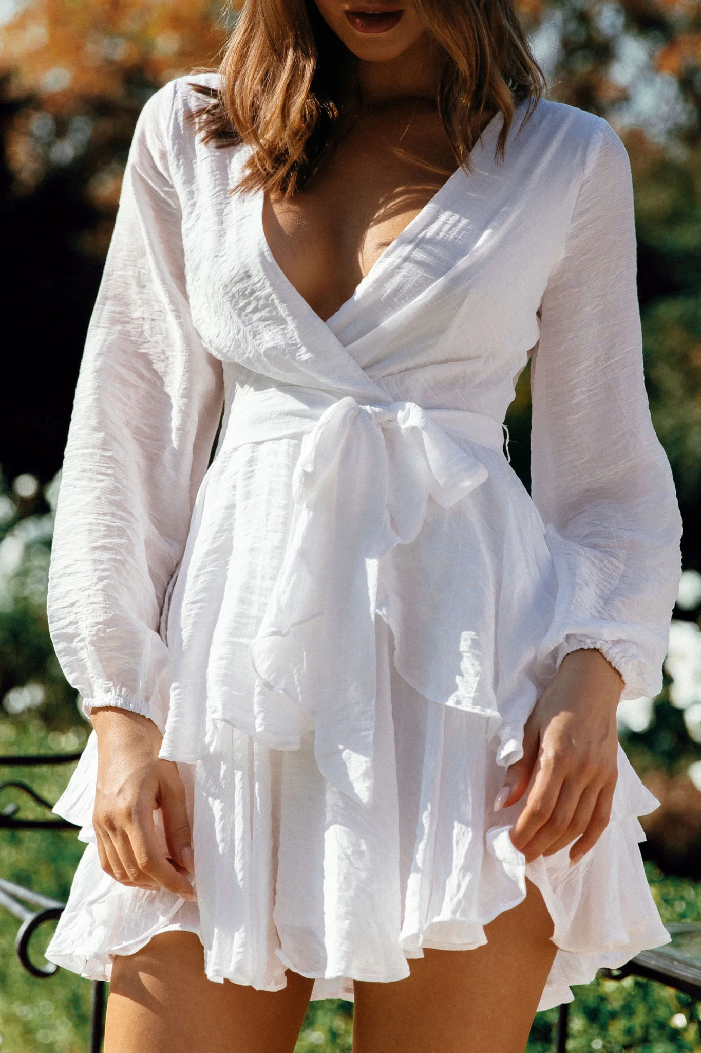 Believe Me Long Sleeve Surplice Neckline Dress White
