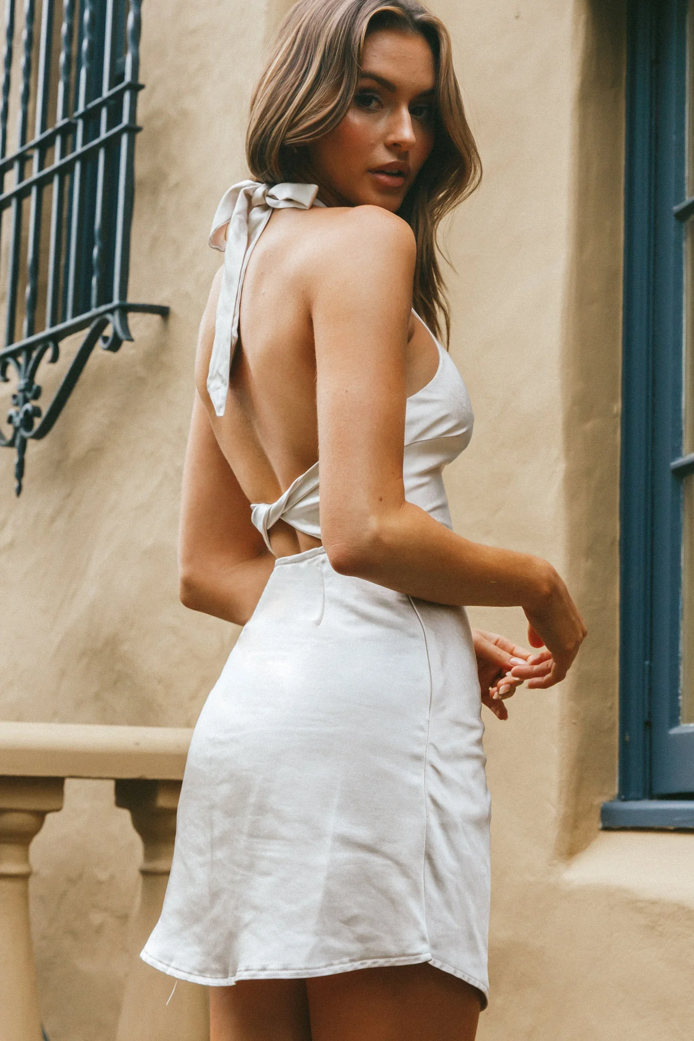 Sonoma Halterneck Faux Wrap Twist Back Mini Dress Oyster