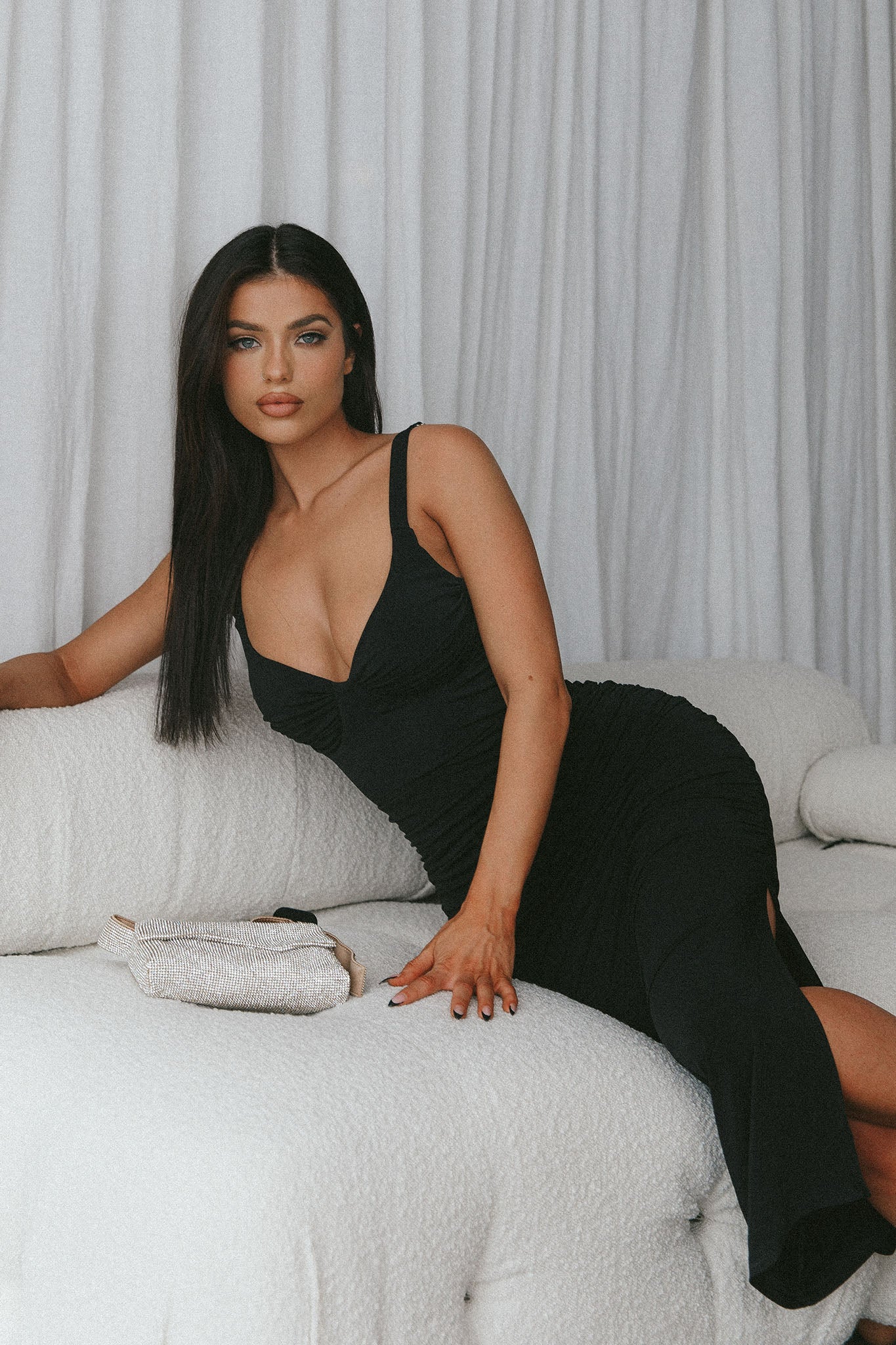 Over The Horizon Thick Strap Ruched Midi Dress Black