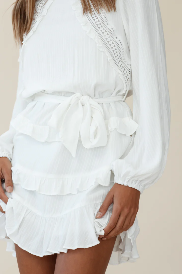 Dusk Long Sleeve Waist Tie Frill Dress White