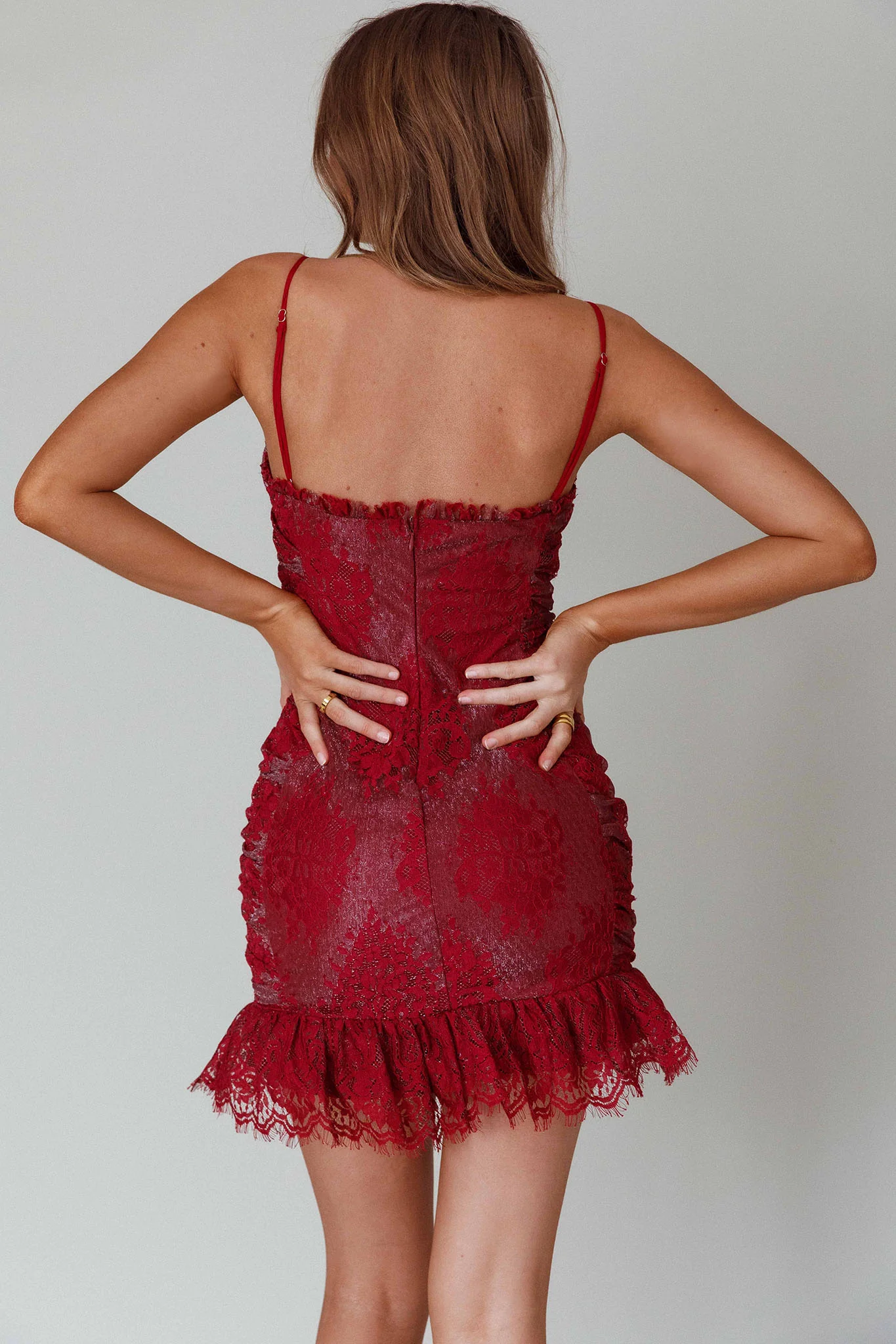 St Tropez Cami Strap Frill Hem Lace Mini Dress Wine