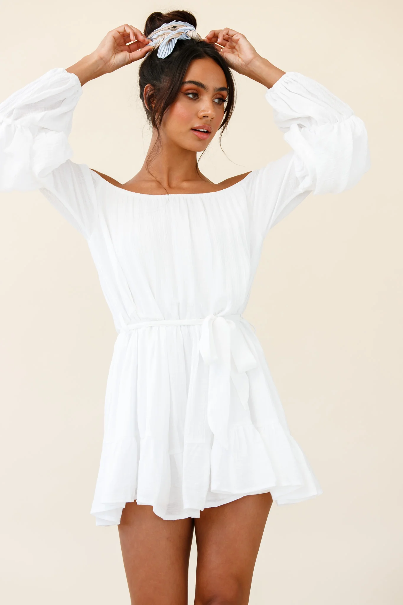 Frida Off-Shoulder Waist Tie Dress White