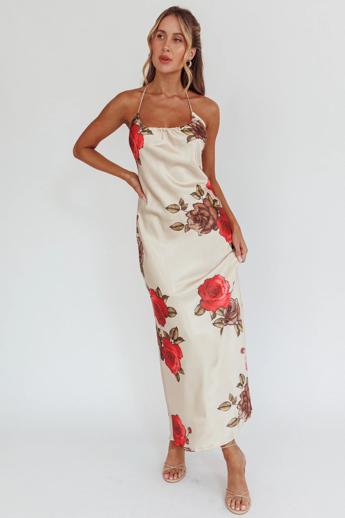 Aspen Spring Lace-Up Back Maxi Dress Floral Beige