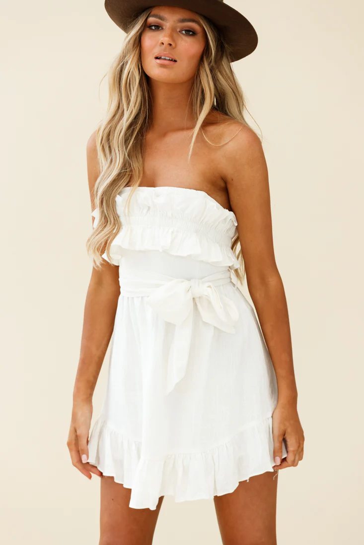 Dream All Day Shirred Ruffle Feature Strapless Dress White