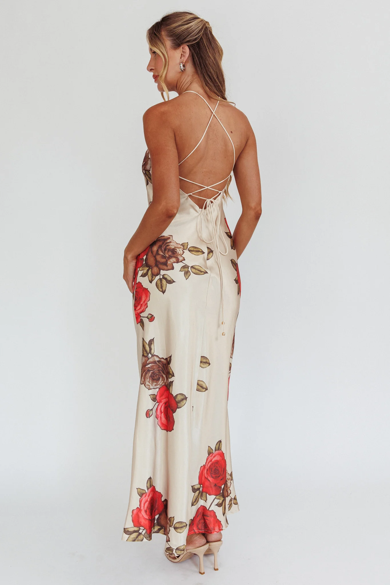 Aspen Spring Lace-Up Back Maxi Dress Floral Beige