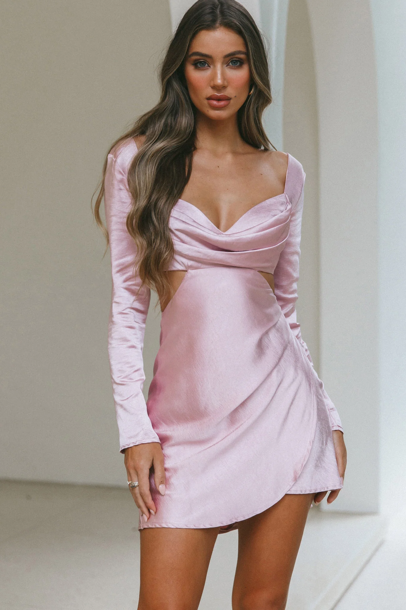 Shaken Not Stirred Cut-Out Waist Long Sleeve Pleat Mini Dress Blush