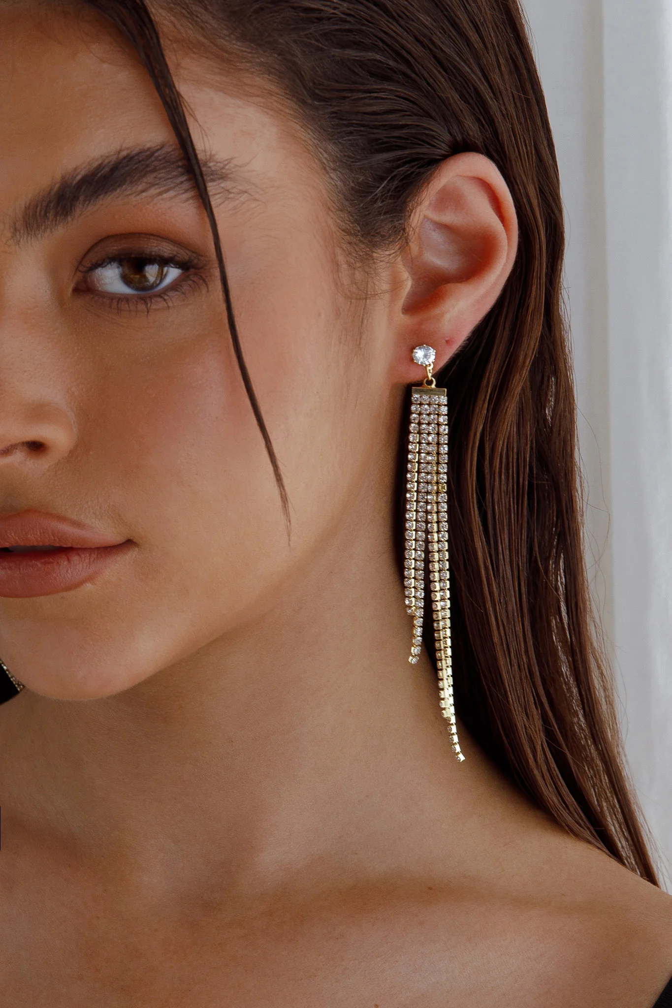 Jamie Tiered Diamante Strand Earrings Gold