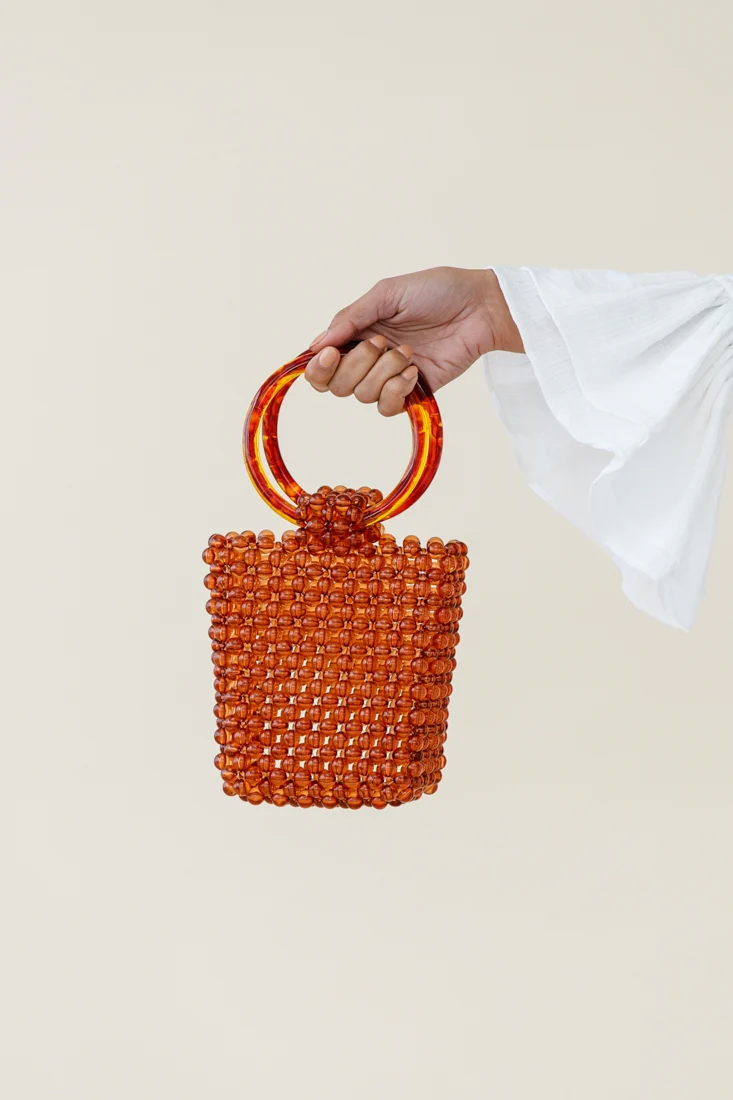 Karma Beaded Acrylic Handle Bag Tan