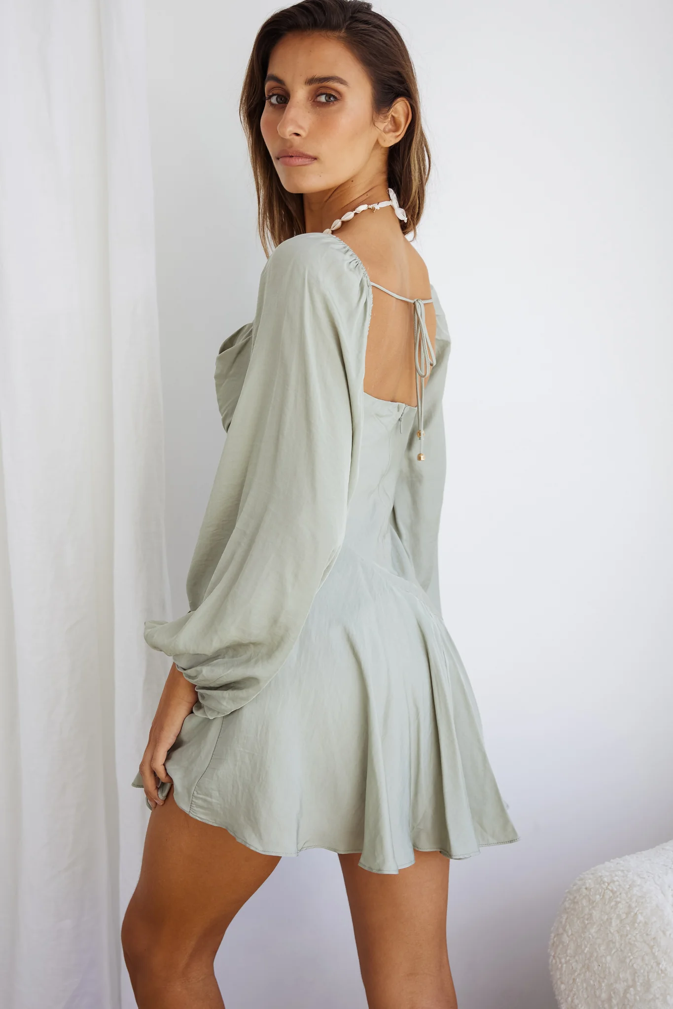 Beaujolais Long Sleeve Cowl Neckline Ruffle Satin Mini Dress Pistachio