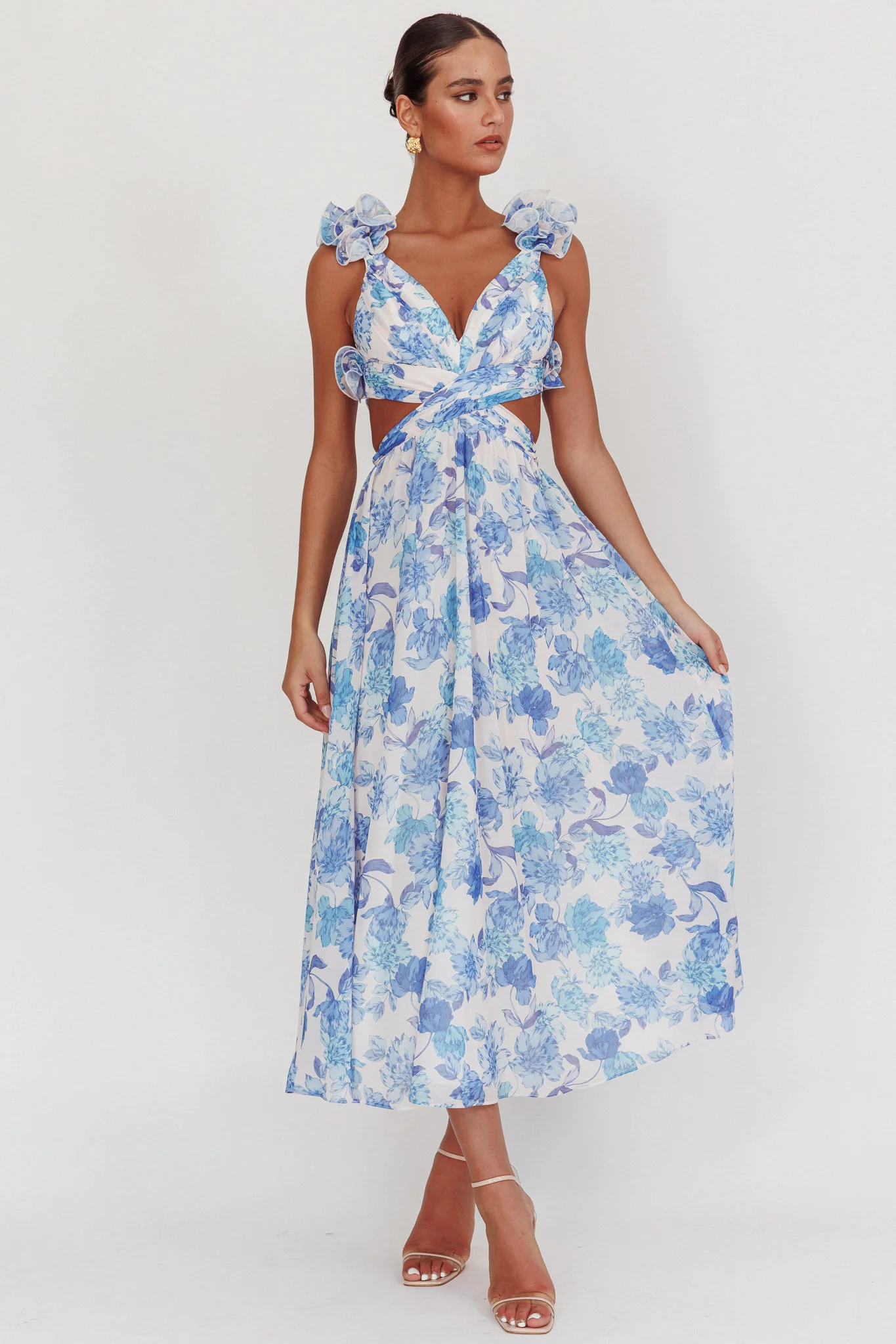 Madara Lace-Up Back Maxi Dress Floral Blue