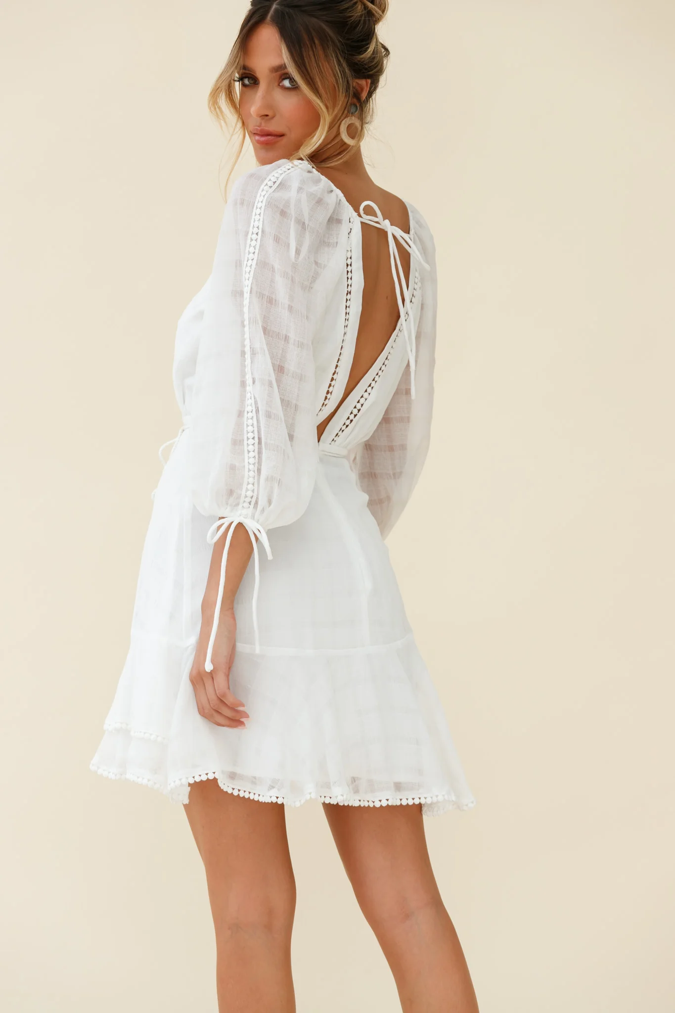Wilde Balloon Sleeve Crochet Trim Dress White