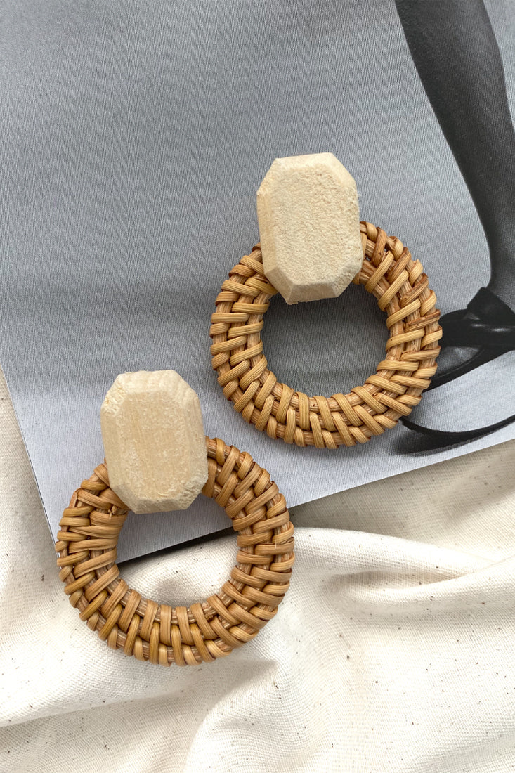Sirocco Woven Straw Circle Earrings Beige