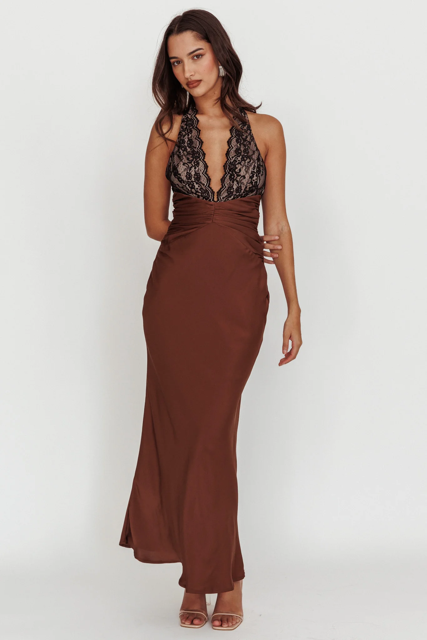 Rarity Satin Lace Halterneck Maxi Dress Coffee