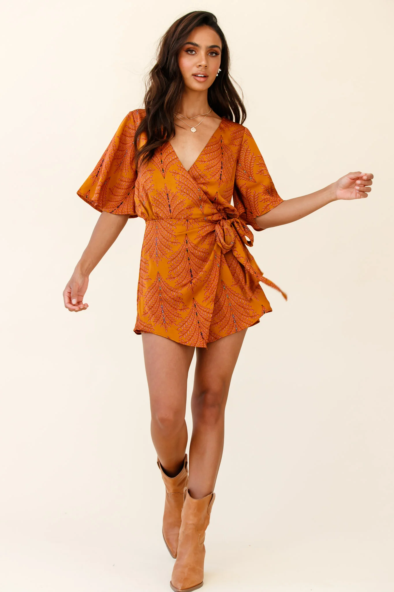 Nadi V-Neckline Wrap Romper Leaf Print Mustard