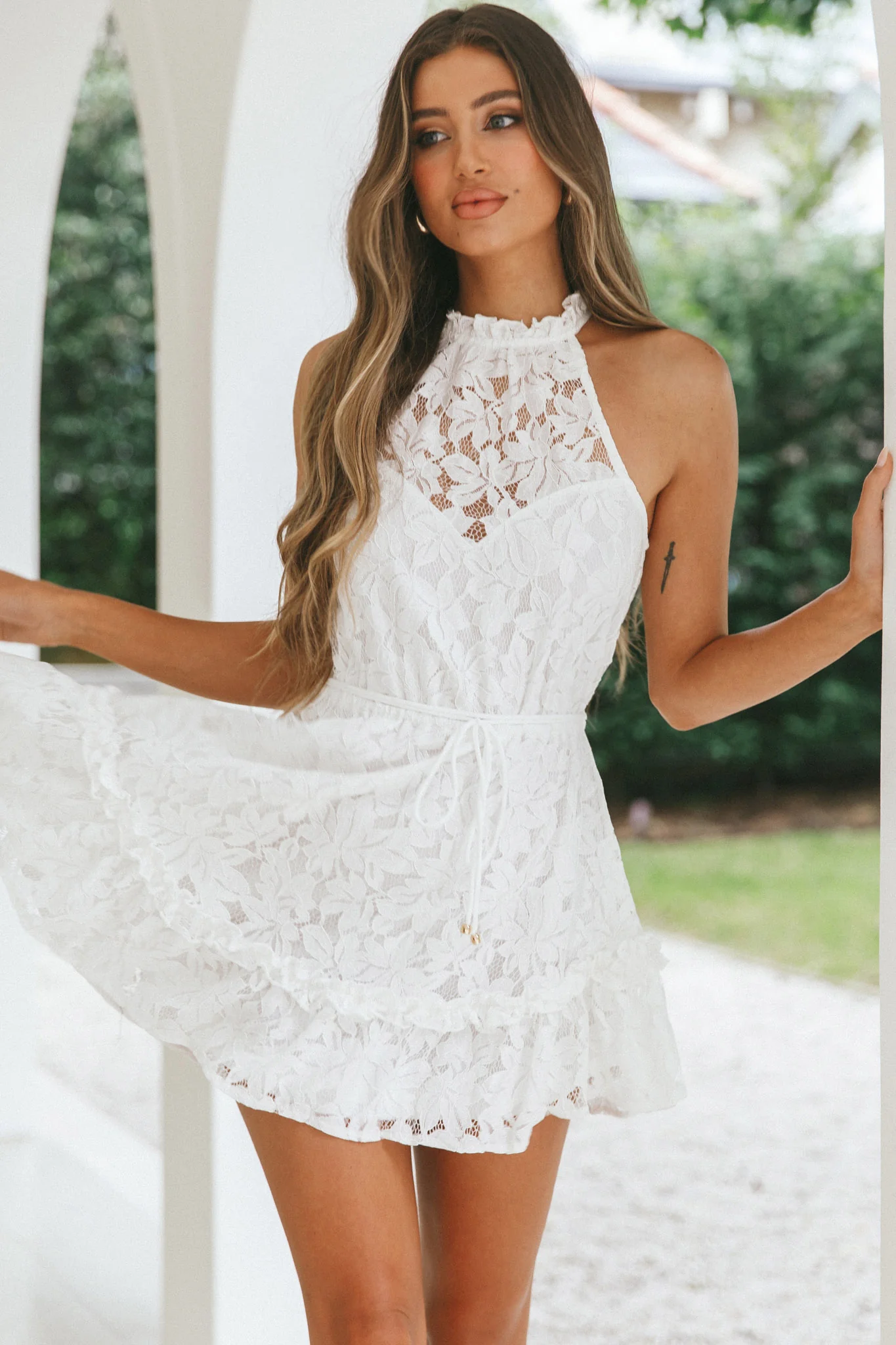 Ever After Halterneck Elasticated Waist Lace Mini Dress White